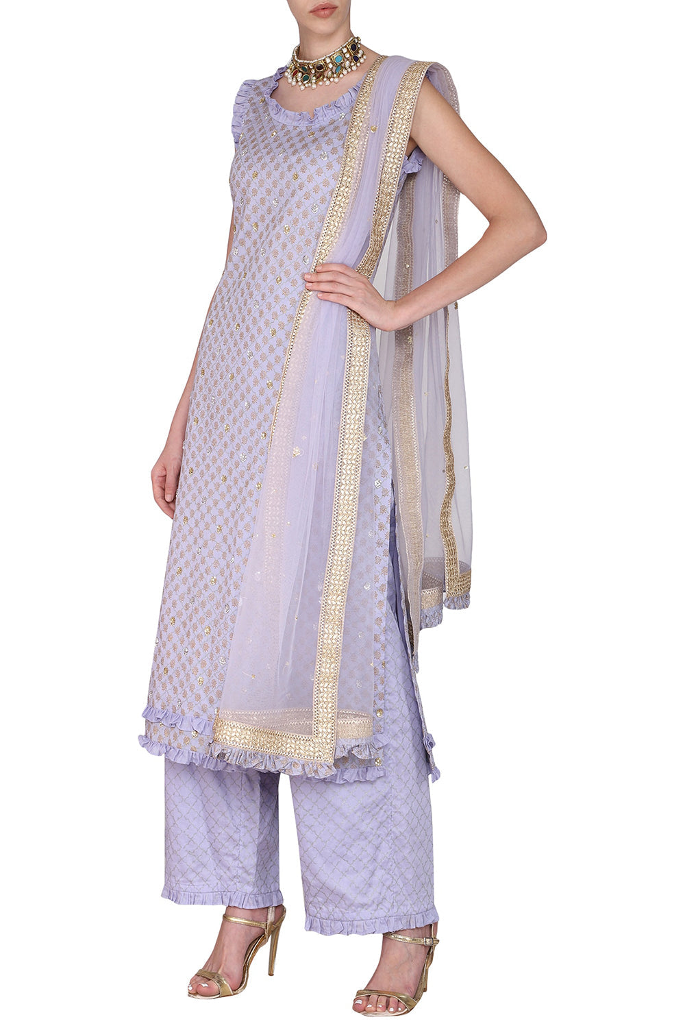 Long Lavender Embroidered Kurta Set - Auraya Fashion - Seema Nanda - 