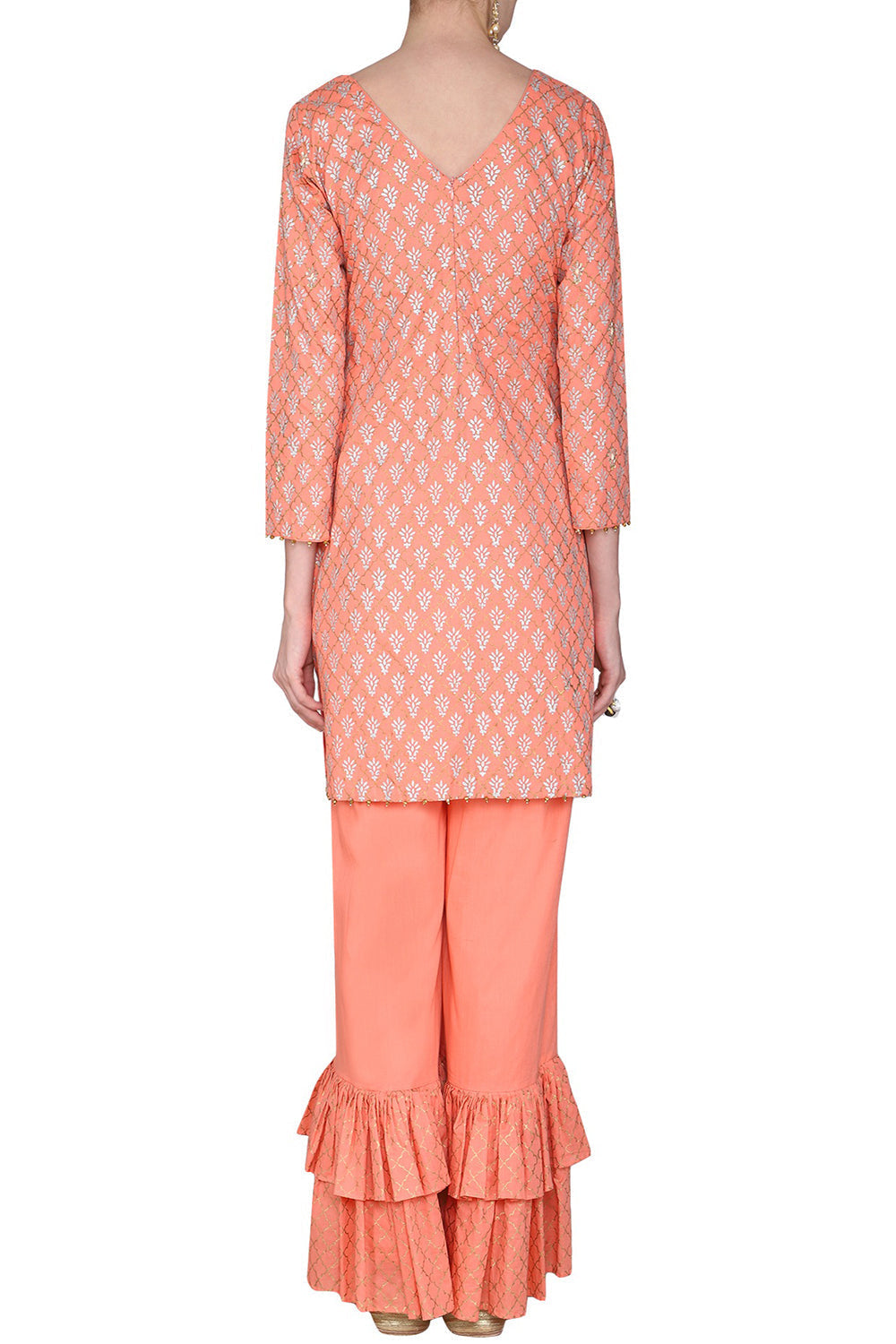 Block Printed Peach With Embroidered Short Kurta Set - Auraya Fashion 