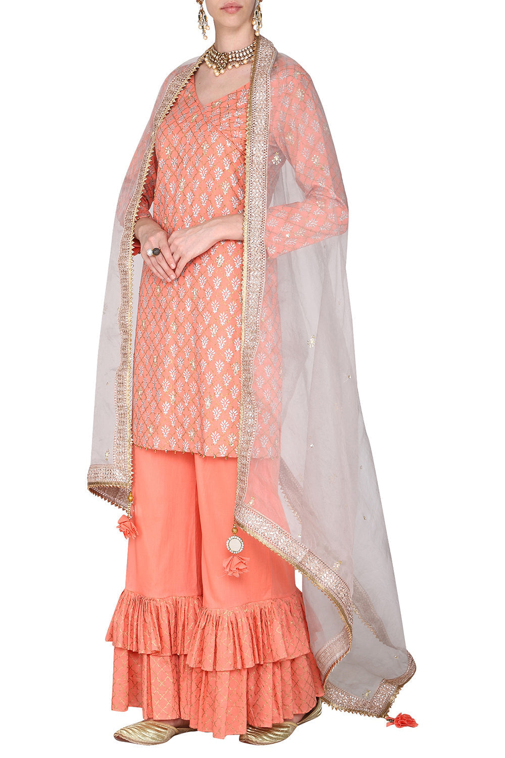 Block Printed Peach With Embroidered Short Kurta Set - Auraya Fashion - Seema Nanda - 