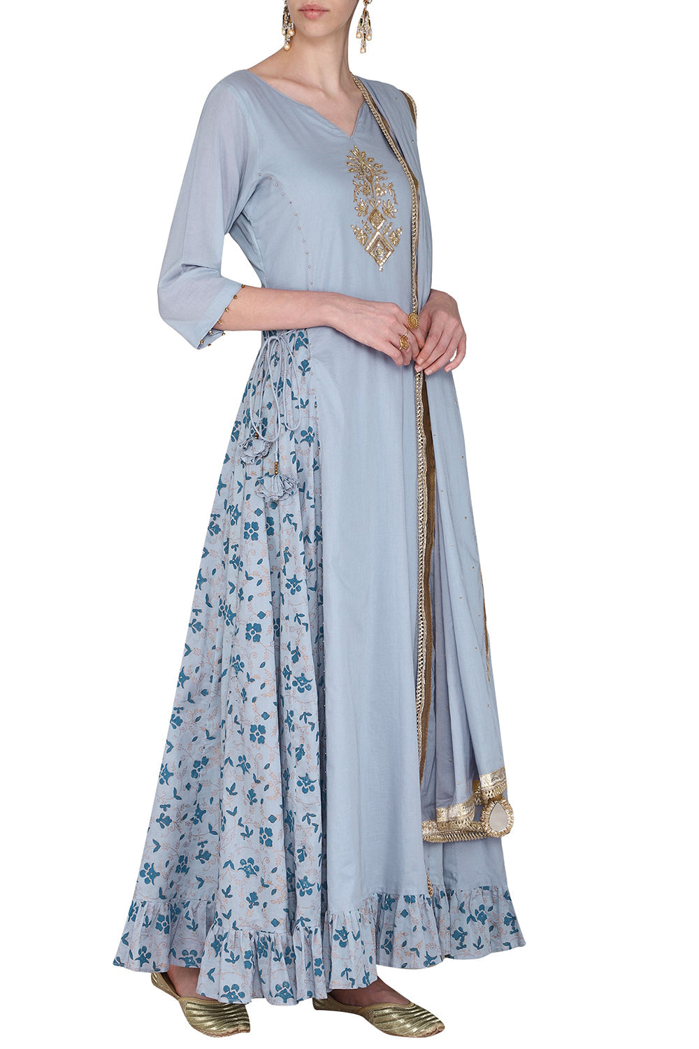 Maxi Dress Blue With Embroidered Dupatta - Auraya Fashion - Seema Nanda - 