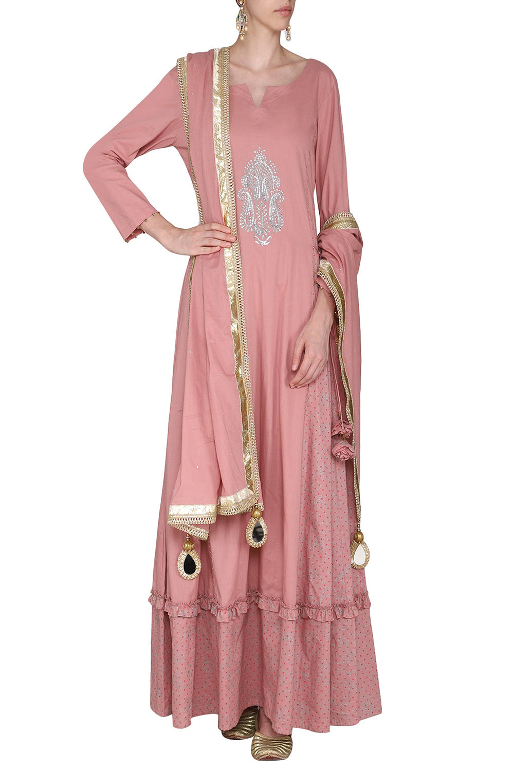 Maxi Dress Dusky Pink With Embroidered Dupatta - Auraya Fashion - Seema Nanda - 