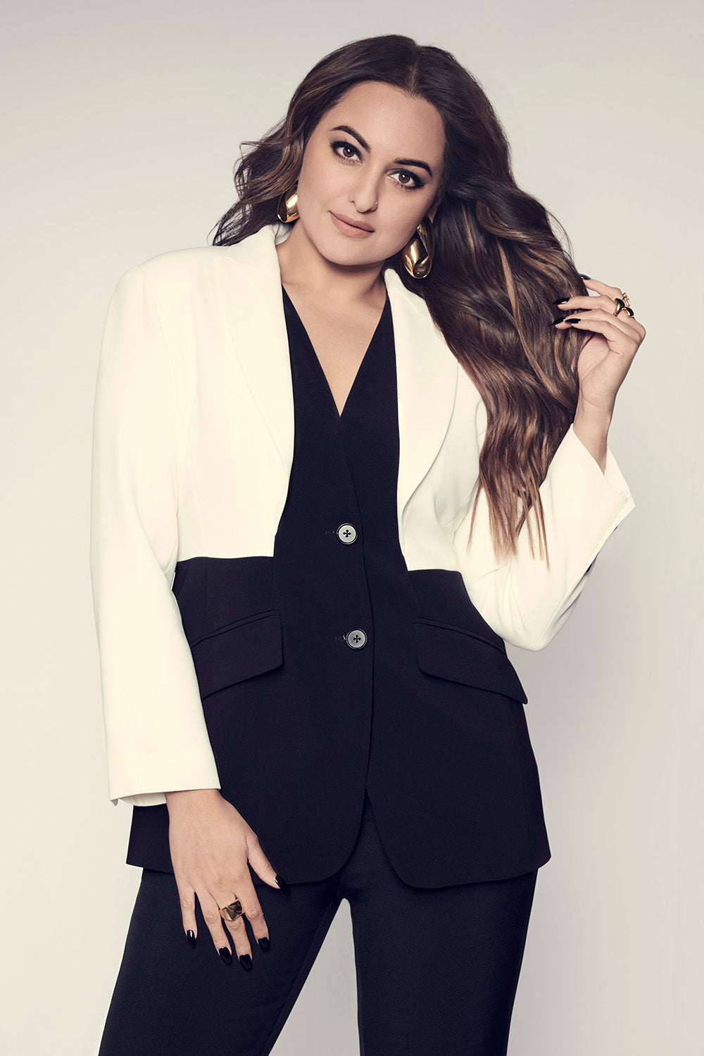 Black and White Silk Crepe Joni Co-ord Set with Power Shoulders