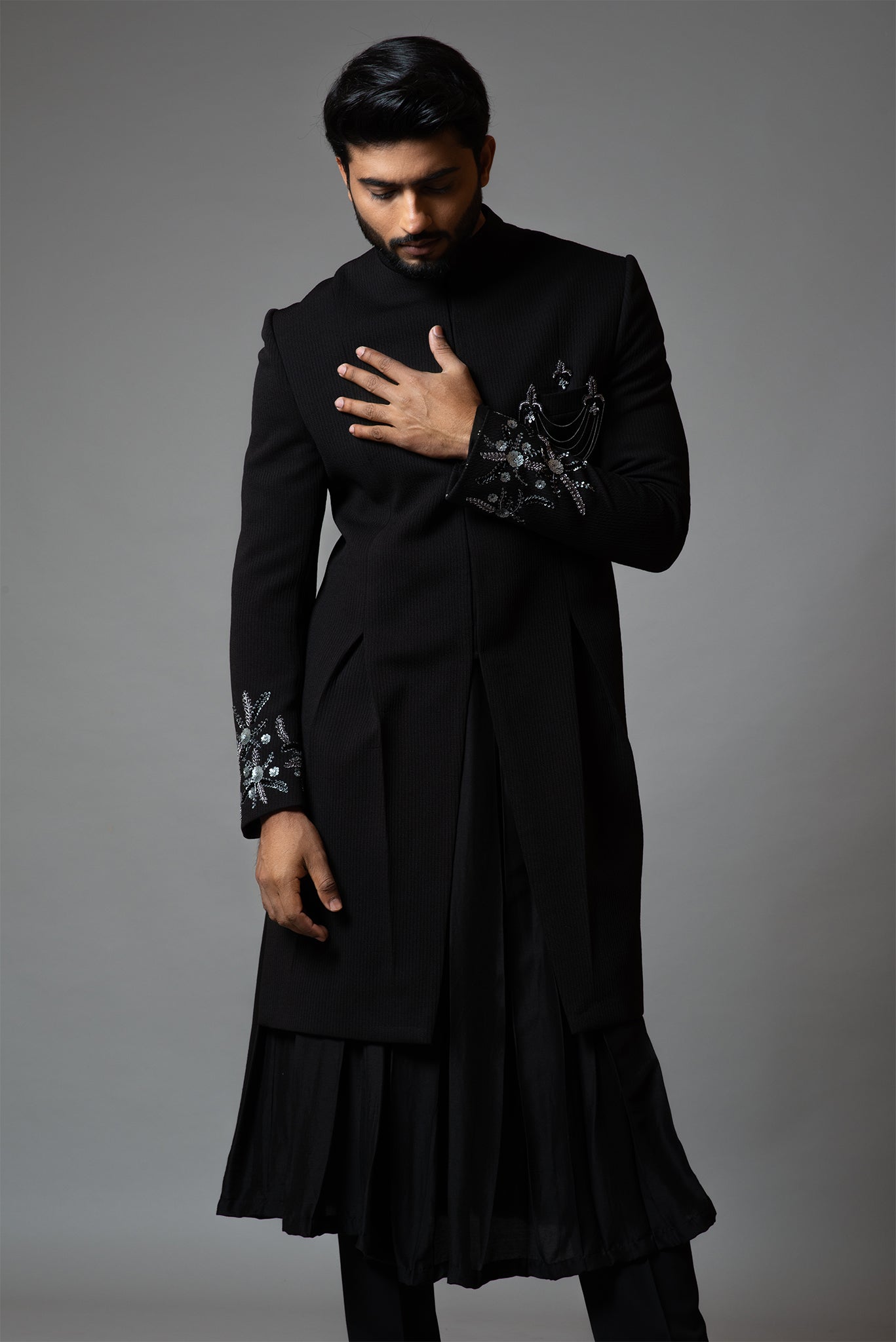 Achkan With Slight Embroidery on Sleeves Comes With Anarkali Kurta Set