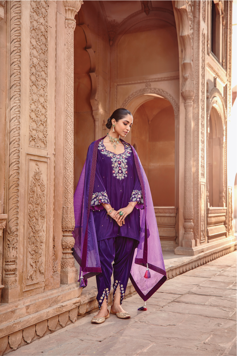 Tahira Purple Embroidered Velvet Choga Kurta & Dhoti Set