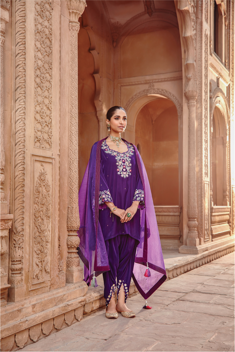 Tahira Purple Embroidered Velvet Choga Kurta & Dhoti Set