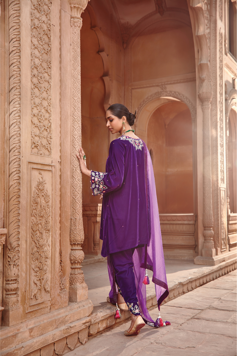 Tahira Purple Embroidered Velvet Choga Kurta & Dhoti Set