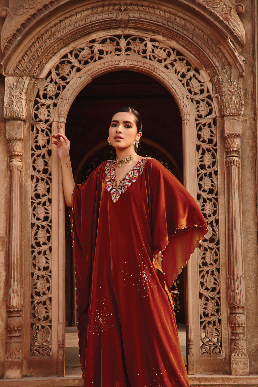 Tamanna Honey Gold Intricately Embroidered Velvet Kaftan Set