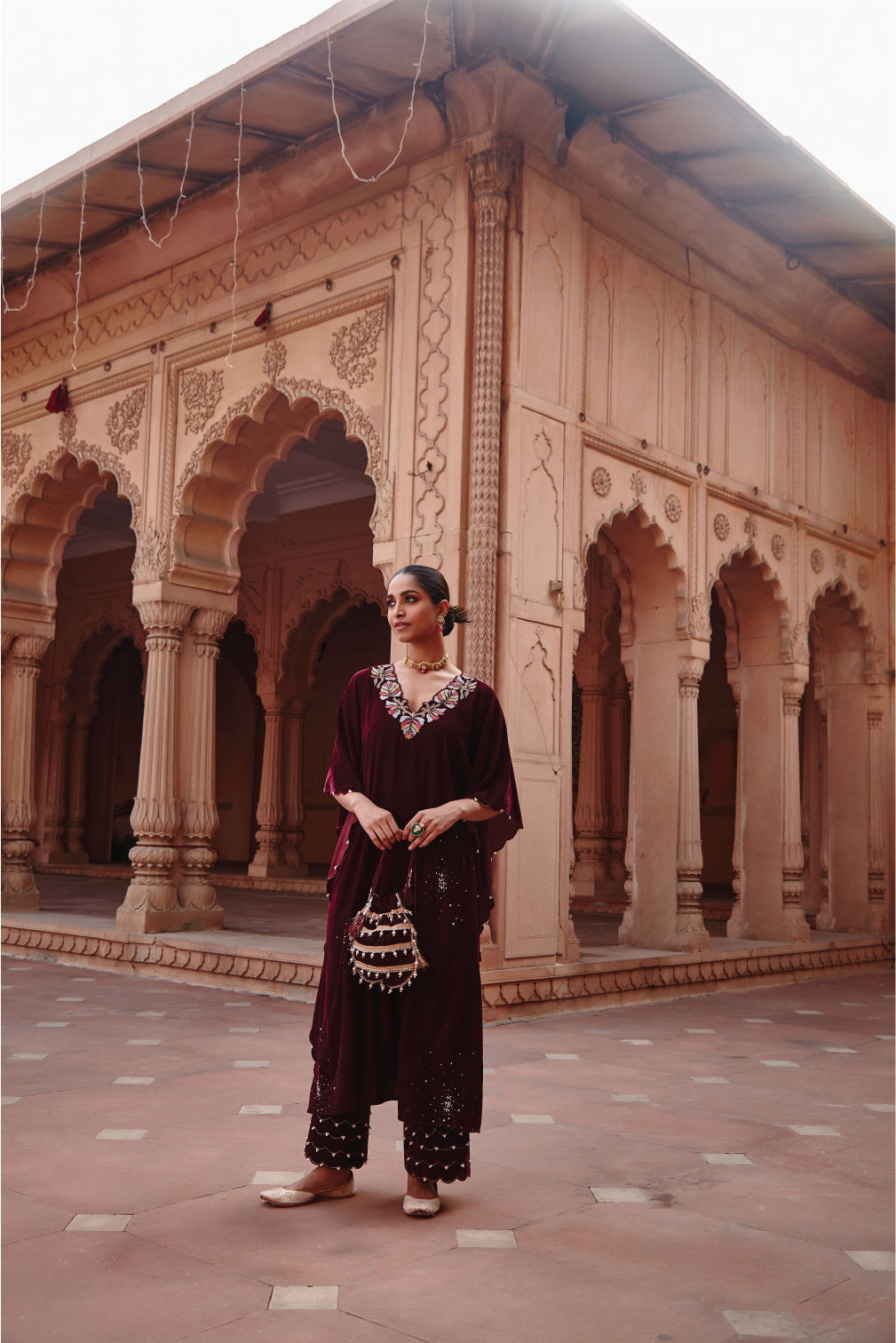 Tamanna Wine Embroidered Velvet Kaftan Set with Pearl Detailing