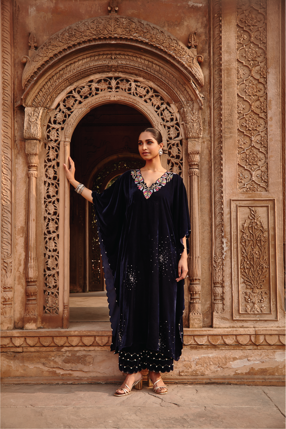 Tamanna Navy Blue Velvet Embroidered Kaftan Set - Luxury Evening Wear