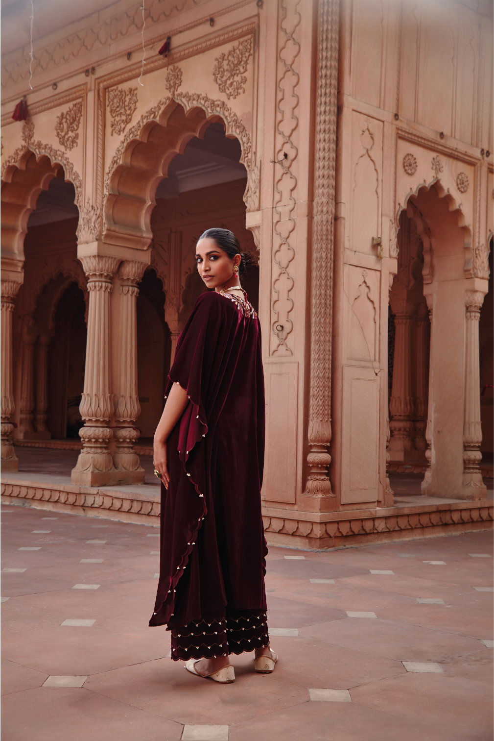 Tamanna Wine Embroidered Velvet Kaftan Set with Pearl Detailing