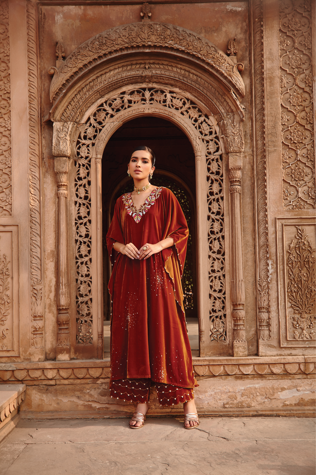 Tamanna Honey Gold Intricately Embroidered Velvet Kaftan Set