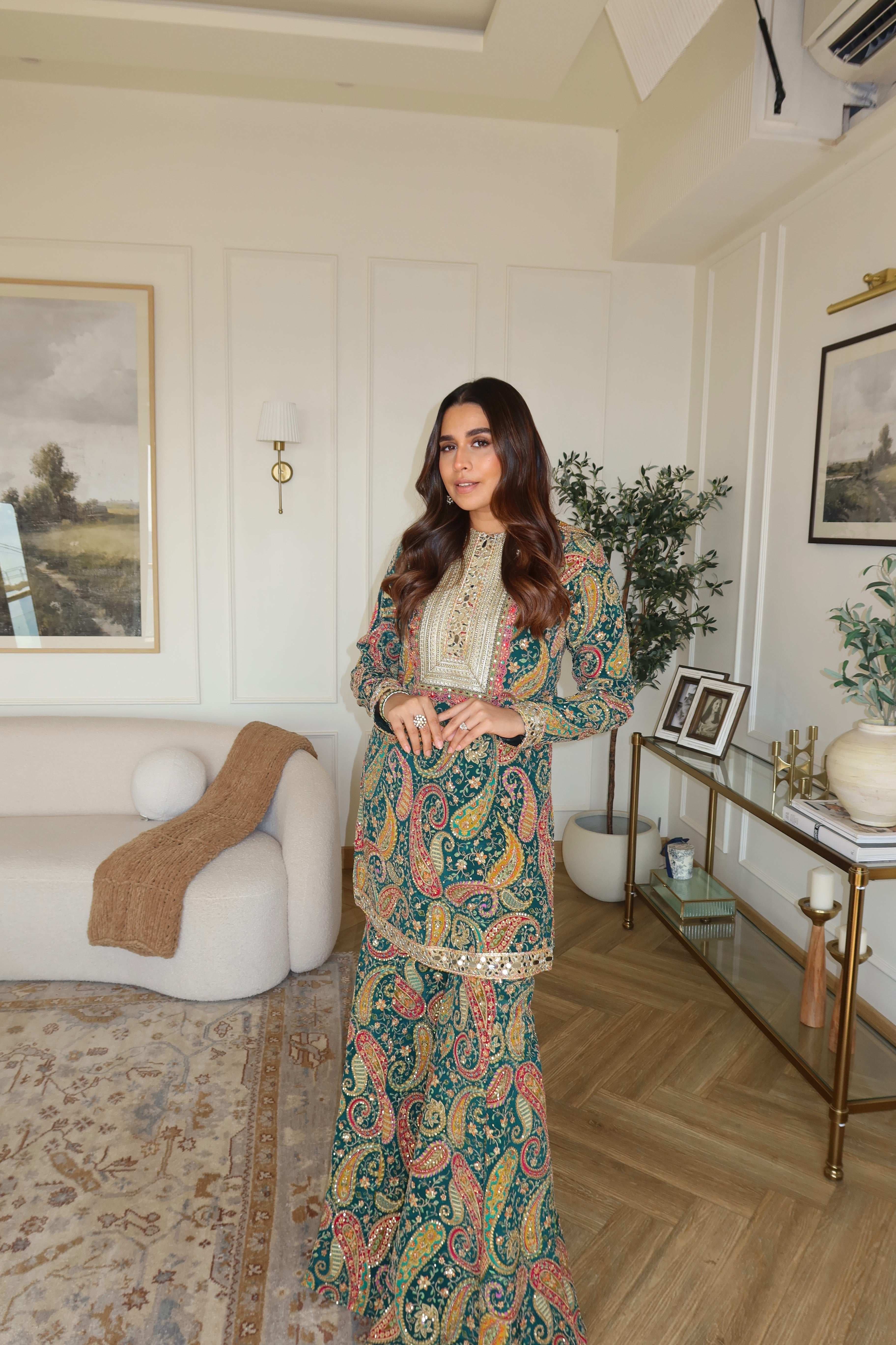 Tasuvure Elizey Paisley Embroidered Sharara Set - Emerald Green