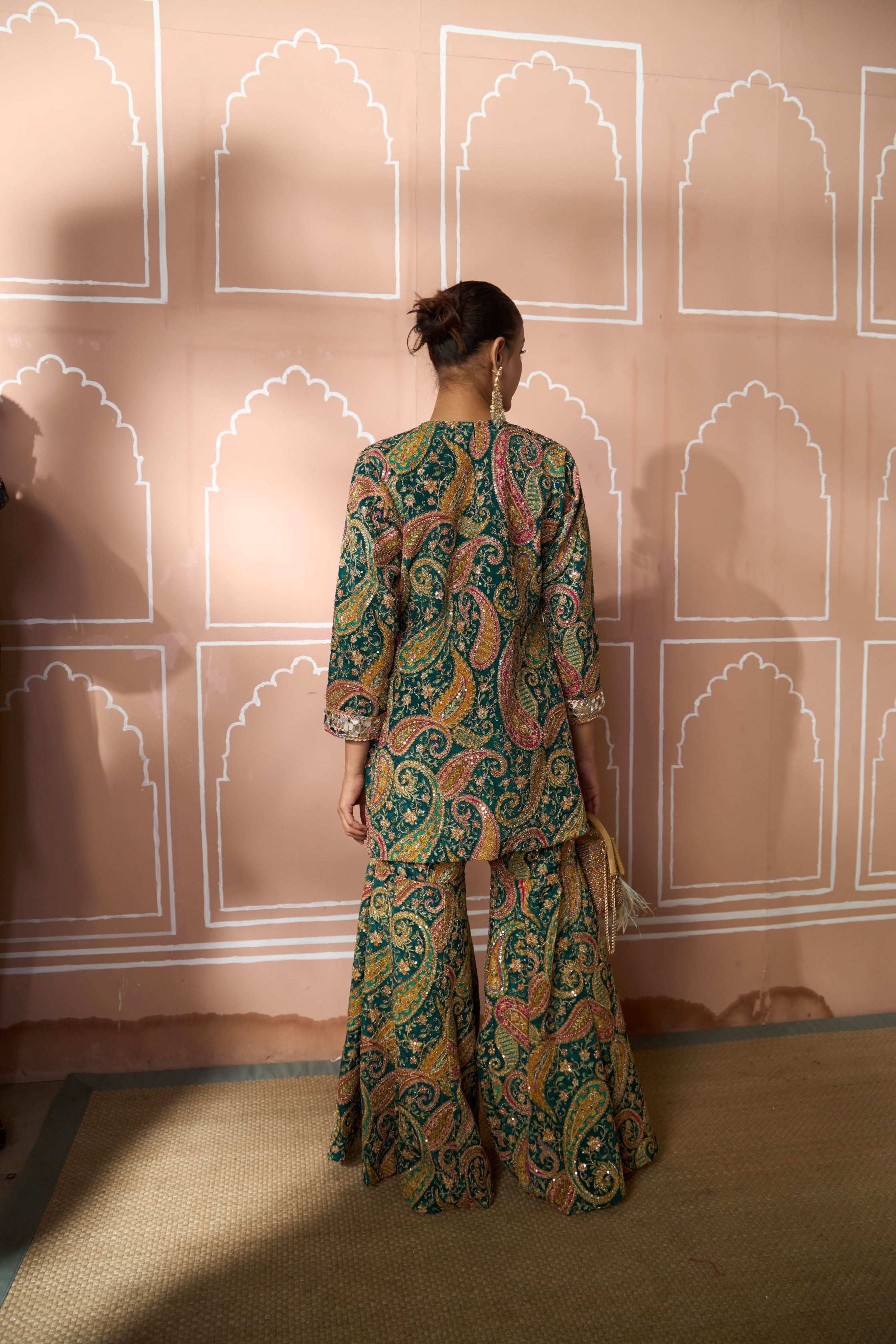 Tasuvure Elizey Paisley Embroidered Sharara Set - Emerald Green