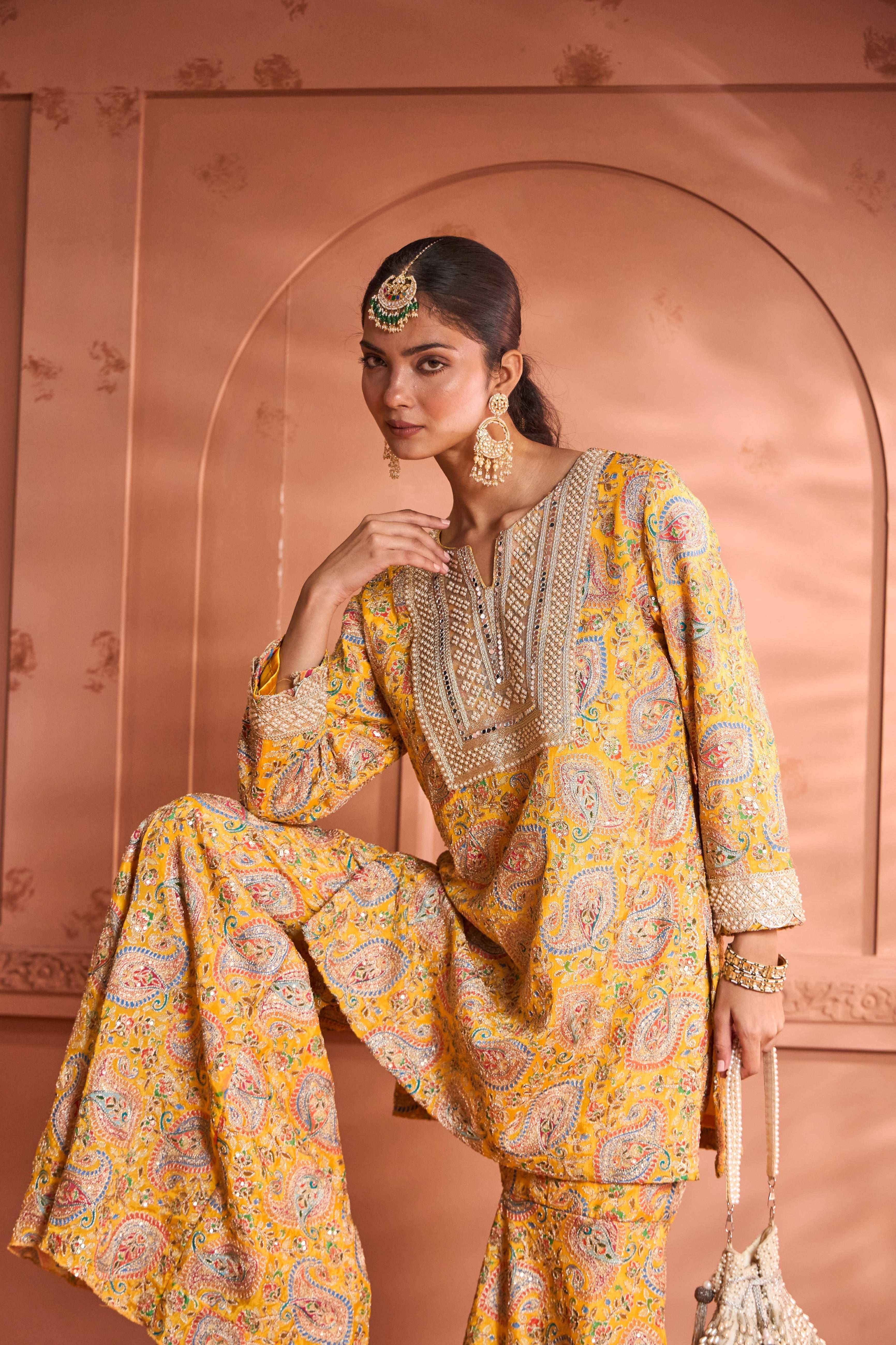 Tasuvure Elizey Paisley Embroidered Sharara Set - Yellow