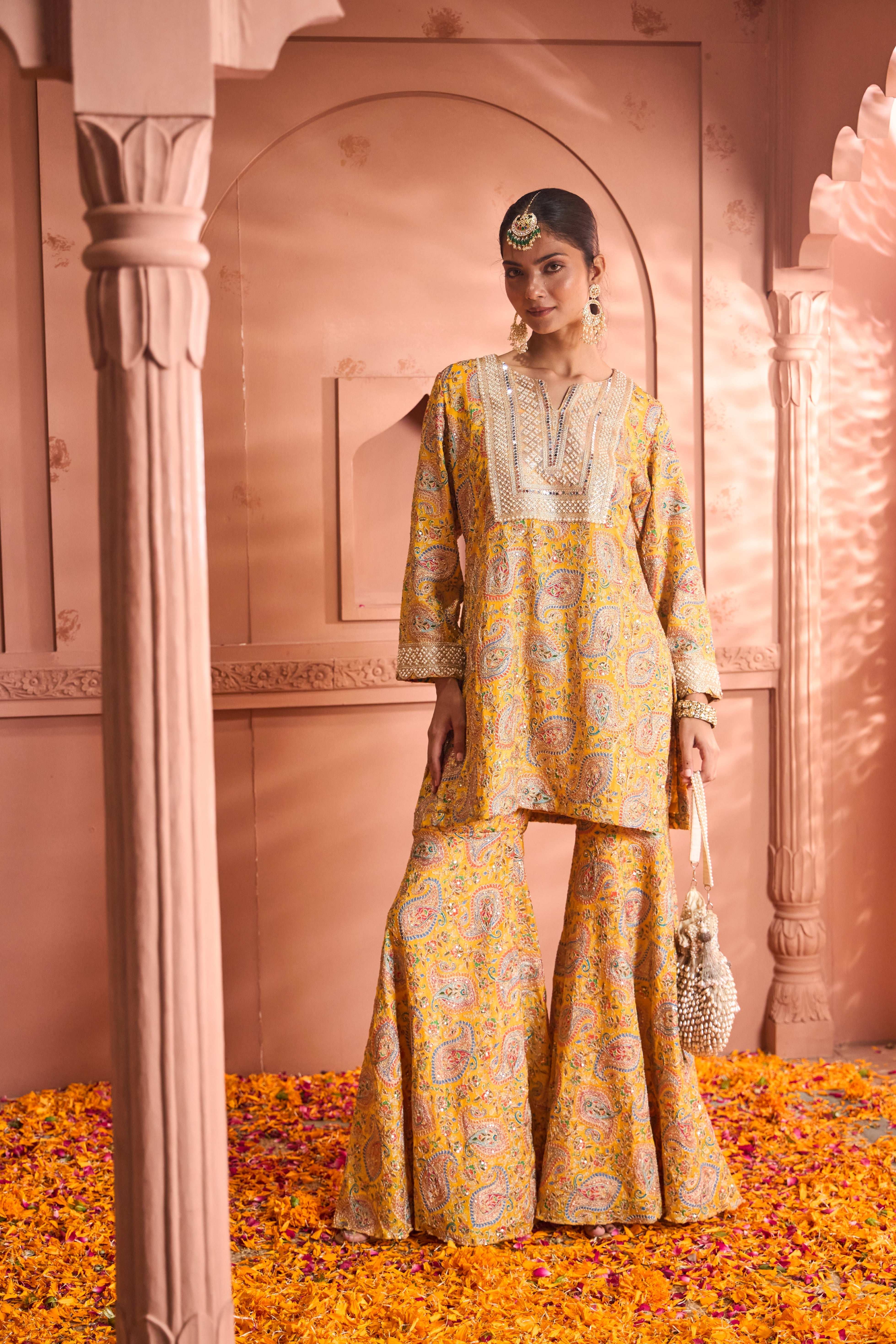 Tasuvure Elizey Paisley Embroidered Sharara Set - Yellow