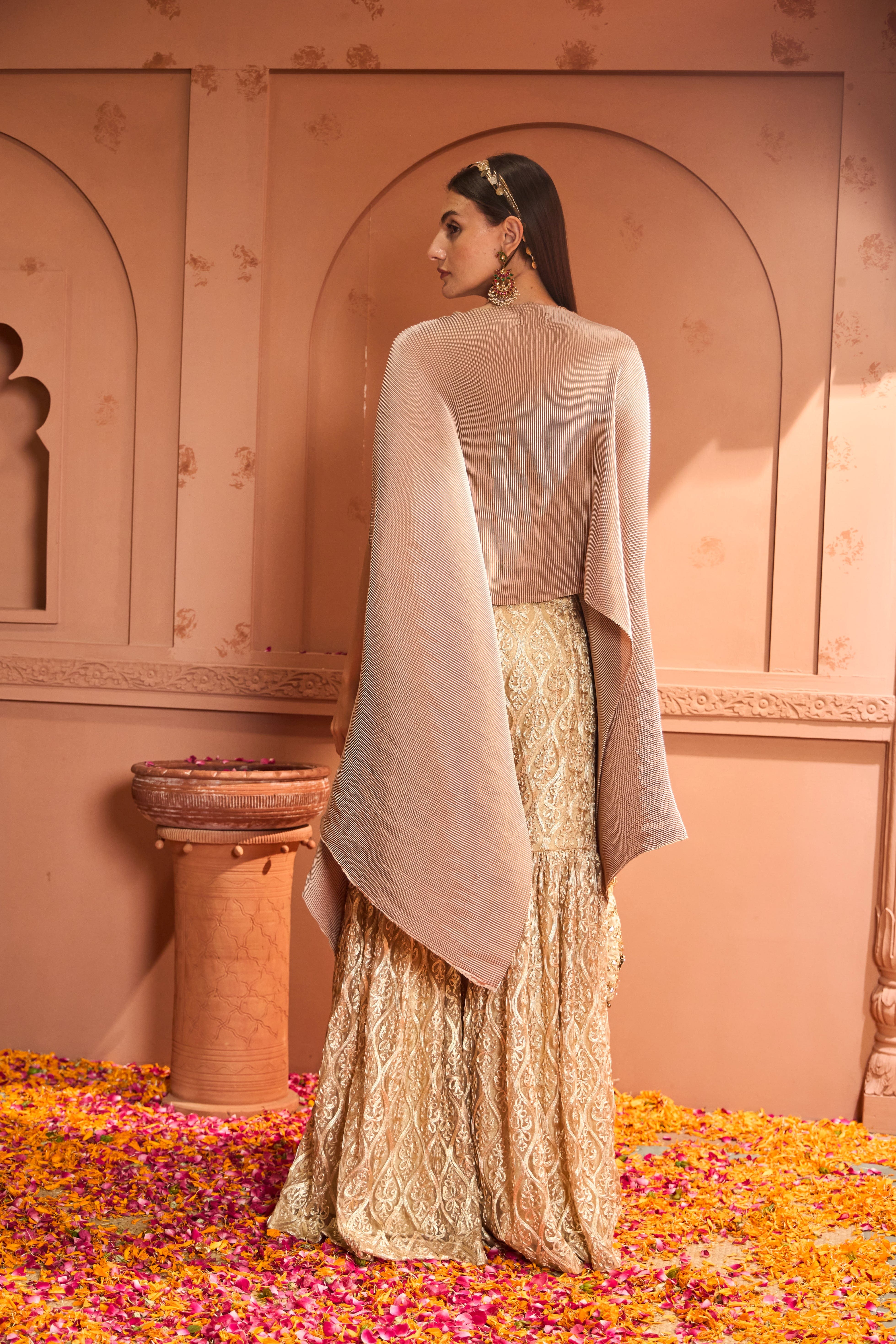 Tasuvure X MW  Divine Embroidered Cape With Lace Dori Sharara - Nude