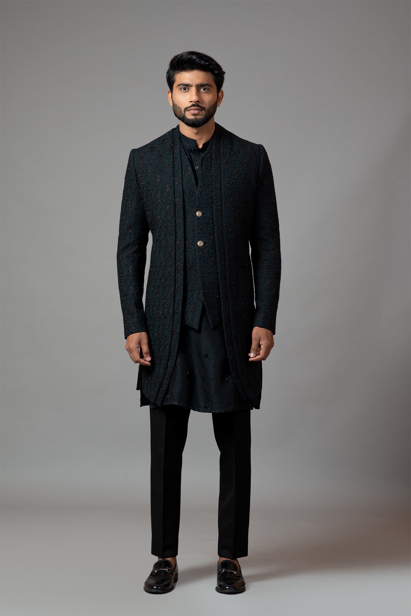 Double Panel Achkan With Motif Embroidery With Kurta Set