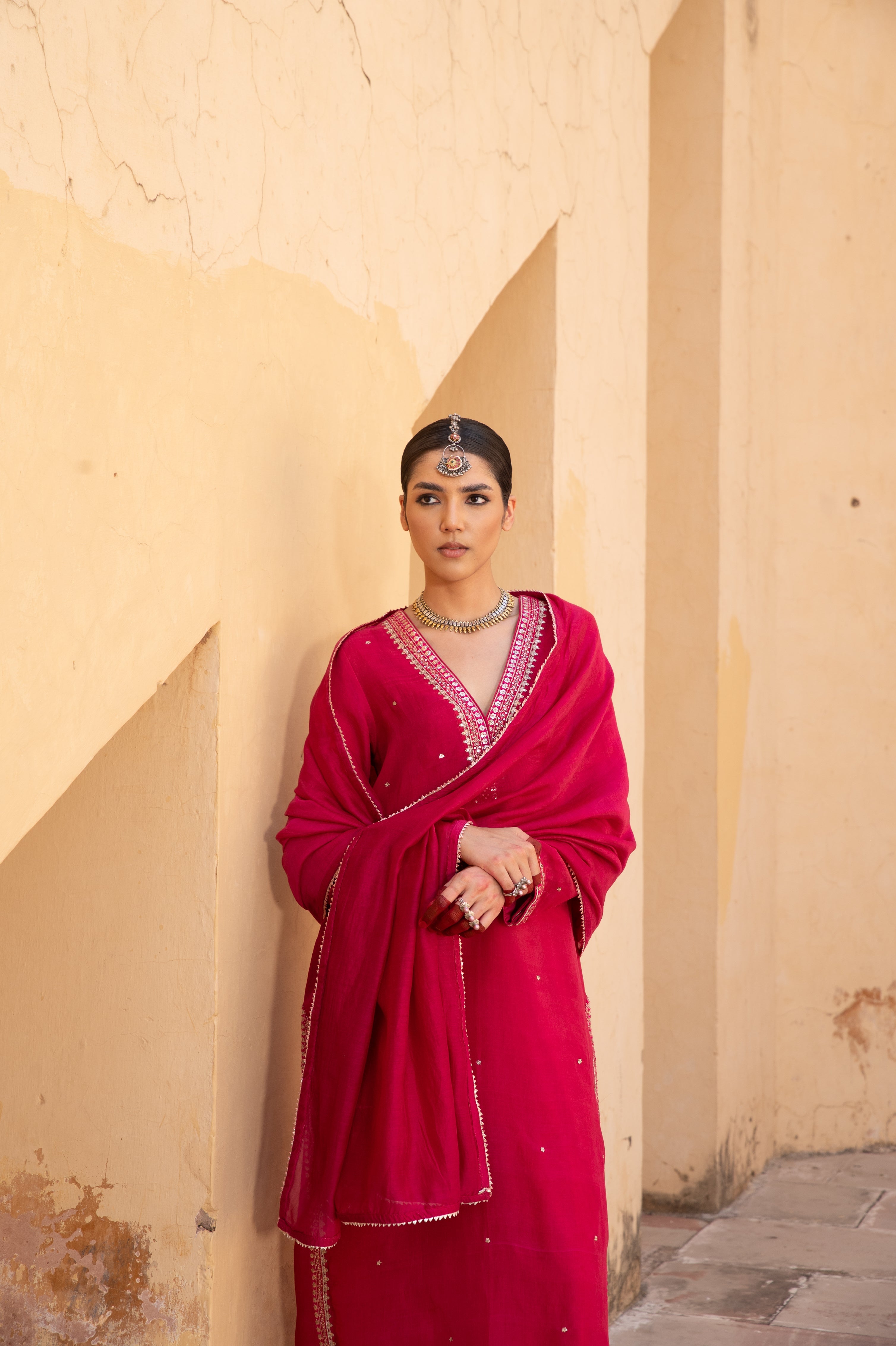 Rani-Pink Embroidered Pure Katan-Silk Kurta-Pants Set