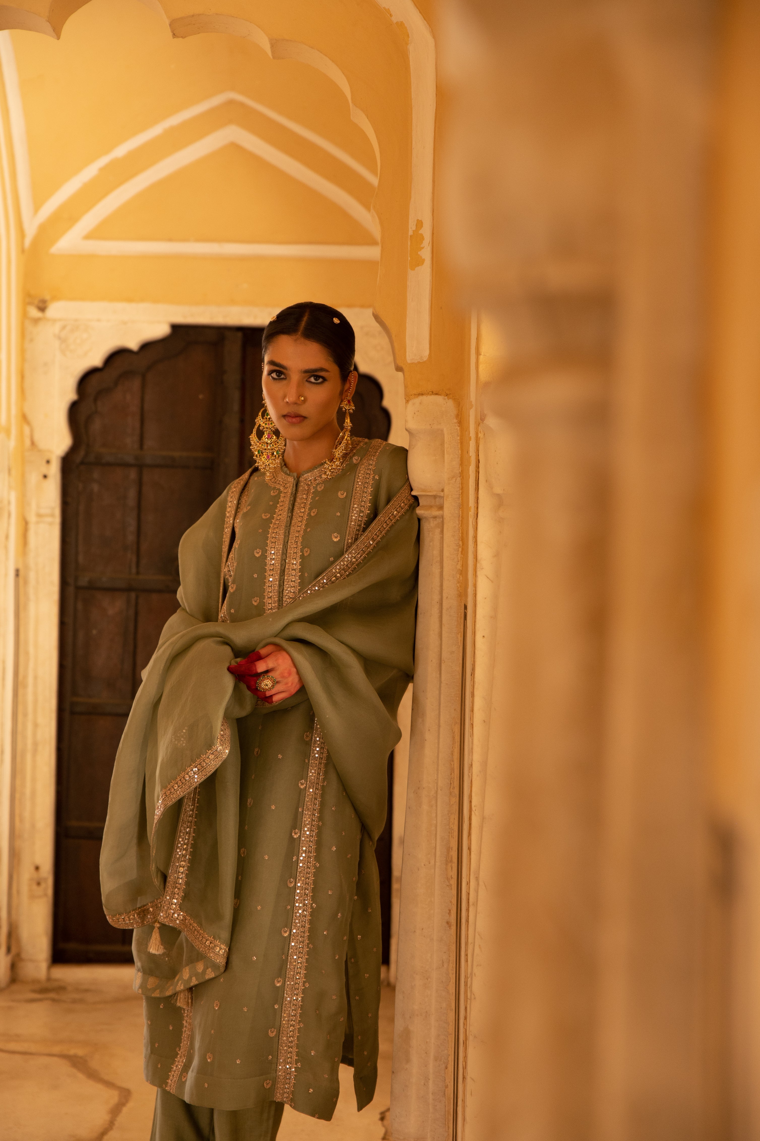 Fern-Green Hand-Embroidered Pure Silk-Organza Kurta-Pants Set