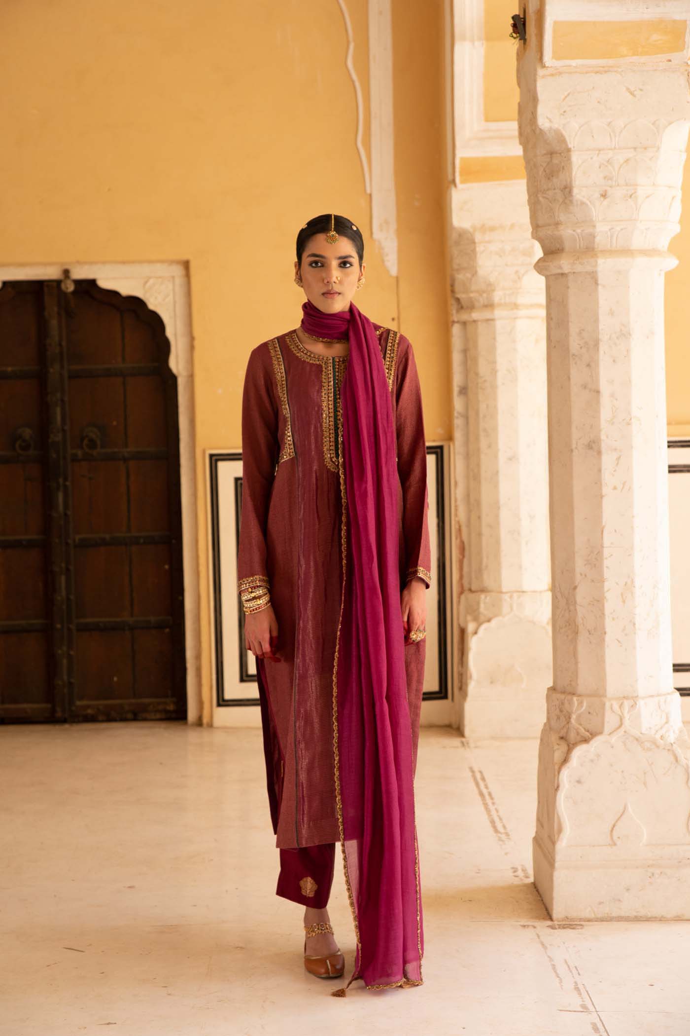 Wine Hand-Embroidered Handloom Pure Cotton-Silk (Stripes & Checks) Kurta-Pants Set