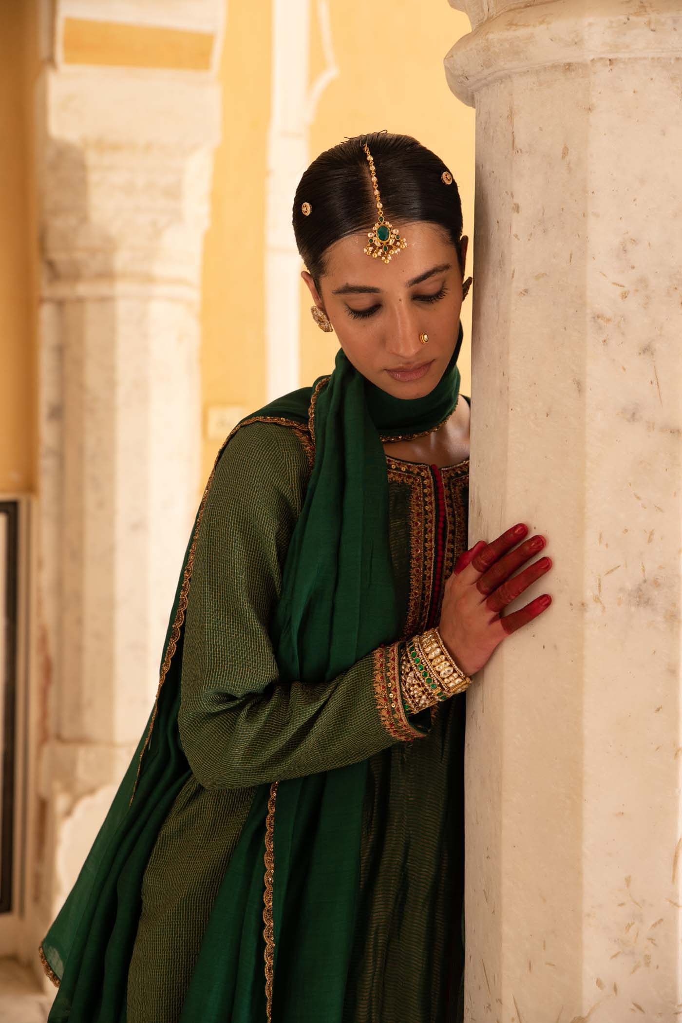 Bottle-Green Hand-Embroidered Handloom Pure Cotton-Silk (Stripes & Checks) Kurta-Pants Set