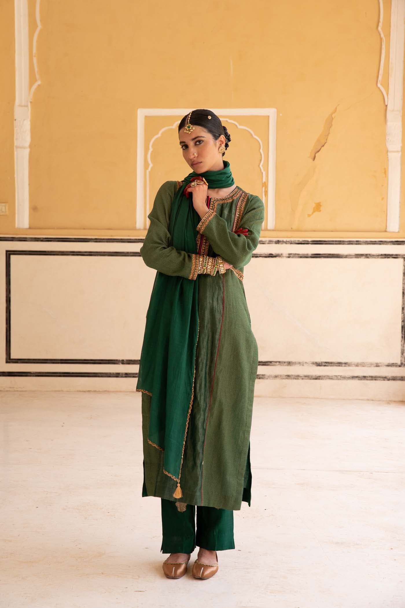 Bottle-Green Hand-Embroidered Handloom Pure Cotton-Silk (Stripes & Checks) Kurta-Pants Set