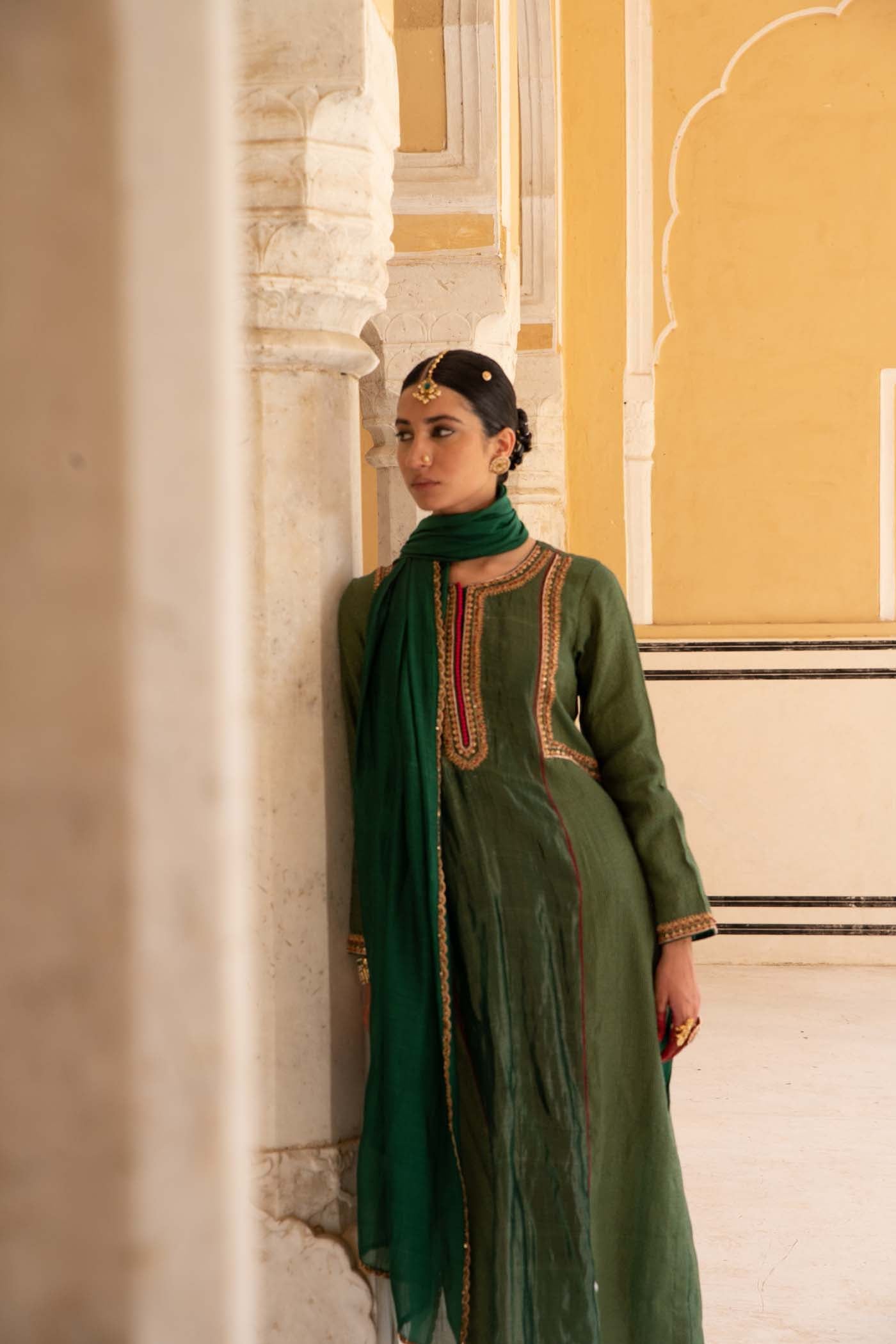 Bottle-Green Hand-Embroidered Handloom Pure Cotton-Silk (Stripes & Checks) Kurta-Pants Set