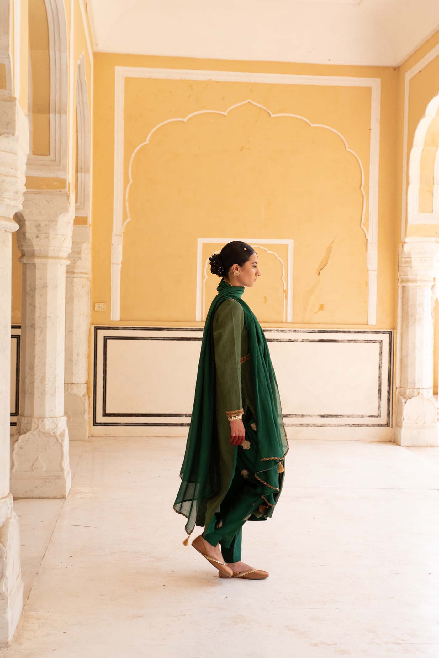 Bottle-Green Hand-Embroidered Handloom Pure Cotton-Silk (Stripes & Checks) Kurta-Pants Set