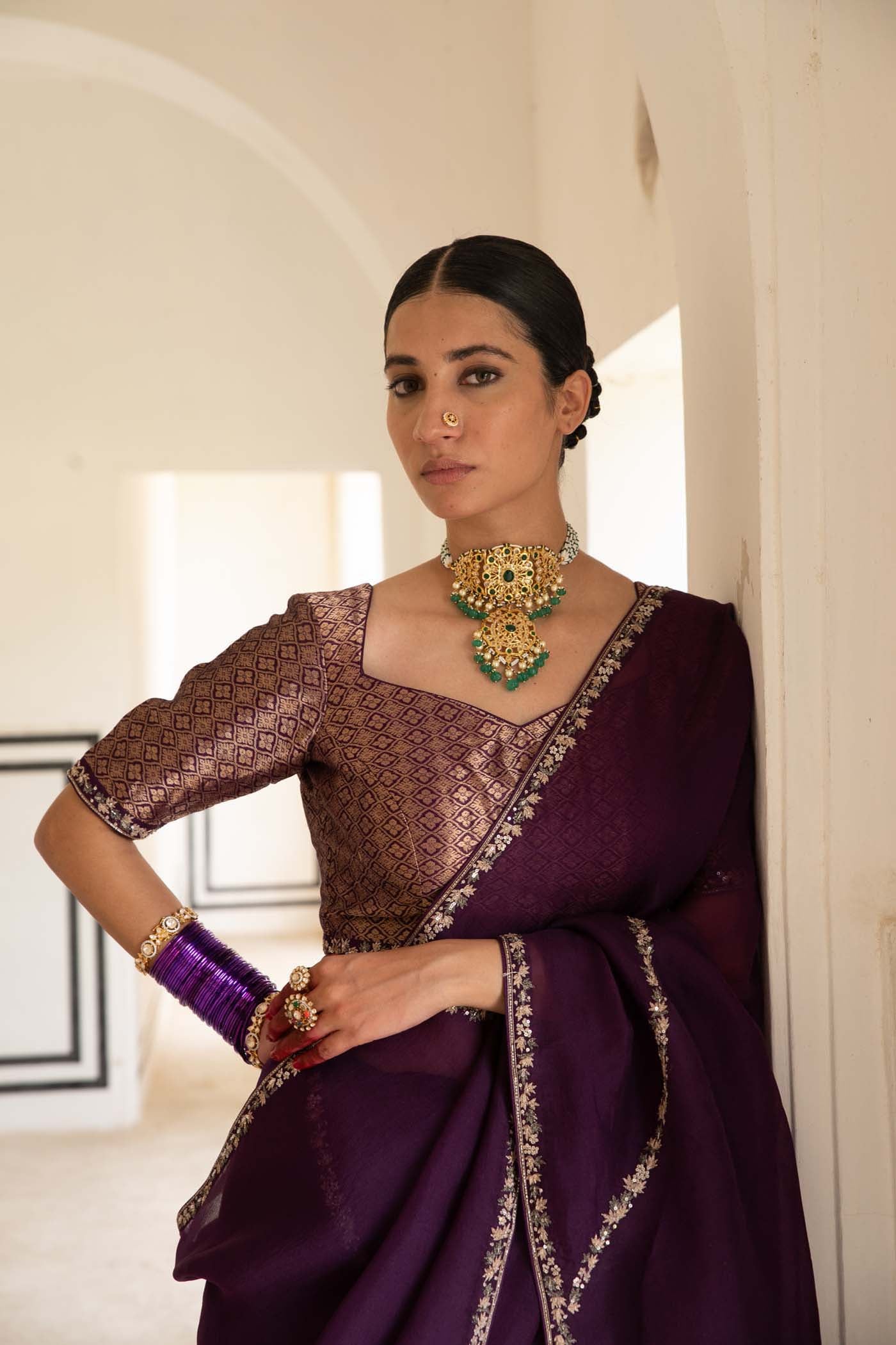 Aubergine Hand-Embroidered Pure Silk-Organza Saree With Pure Brocade Blouse Set