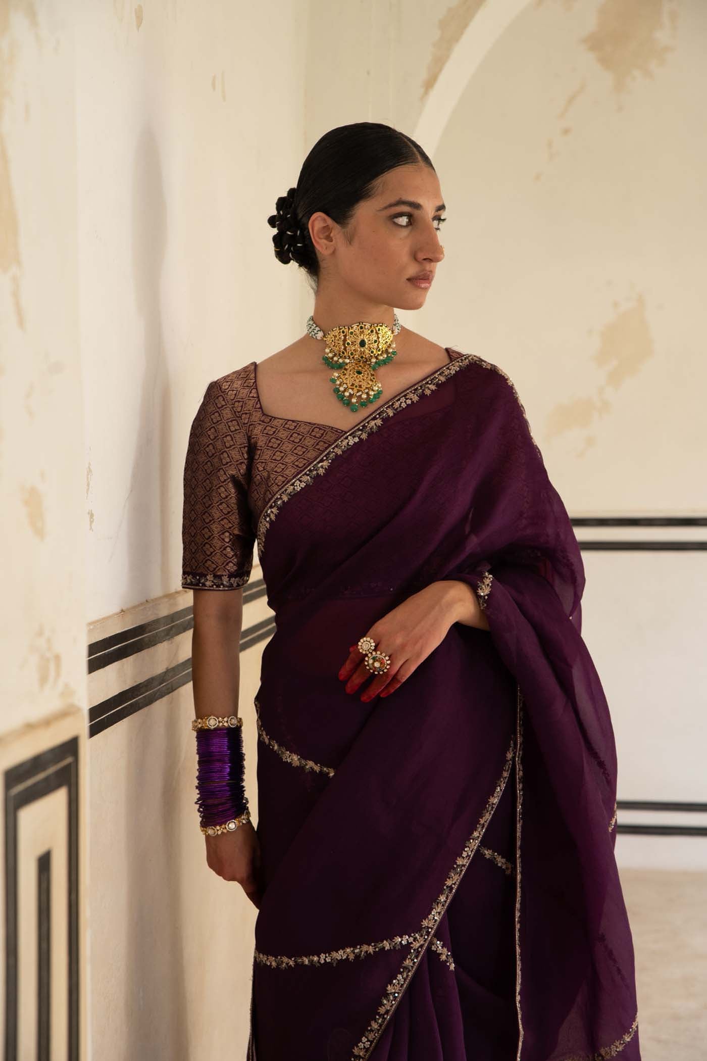 Aubergine Hand-Embroidered Pure Silk-Organza Saree With Pure Brocade Blouse Set