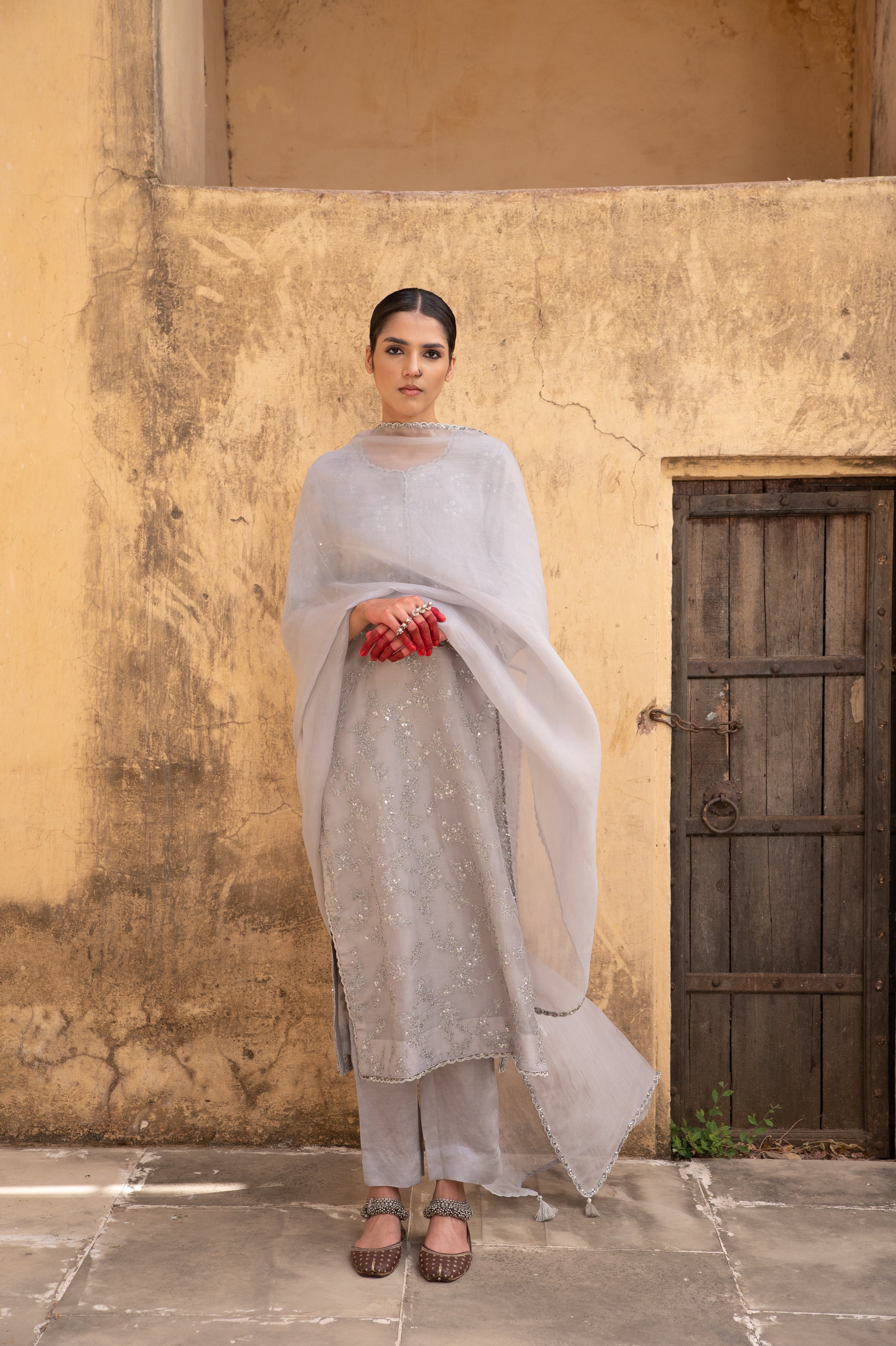 Light-Grey Hand-Embroidered Pure Silk-Organza Kurta-Pants Set