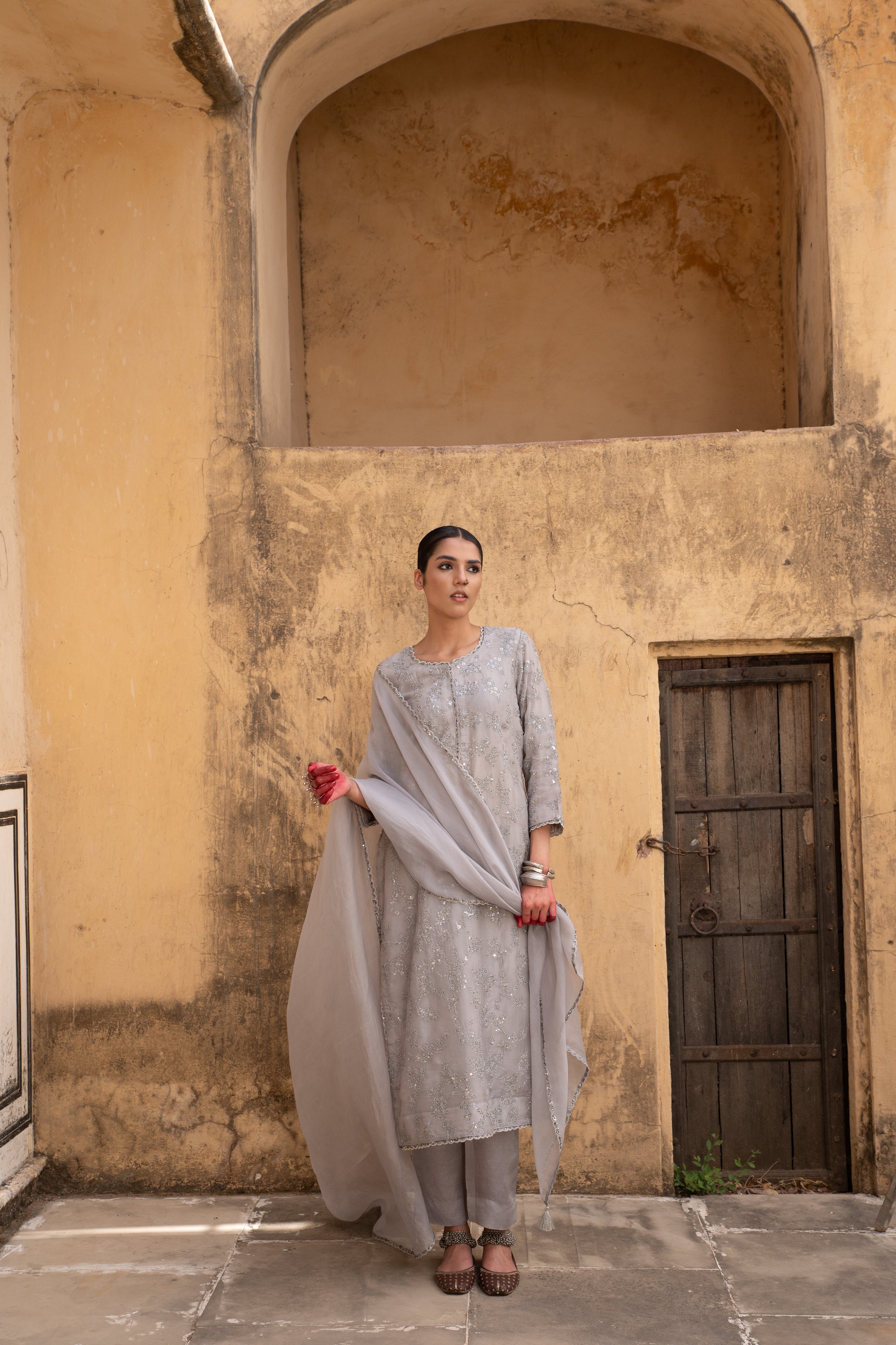 Light-Grey Hand-Embroidered Pure Silk-Organza Kurta-Pants Set