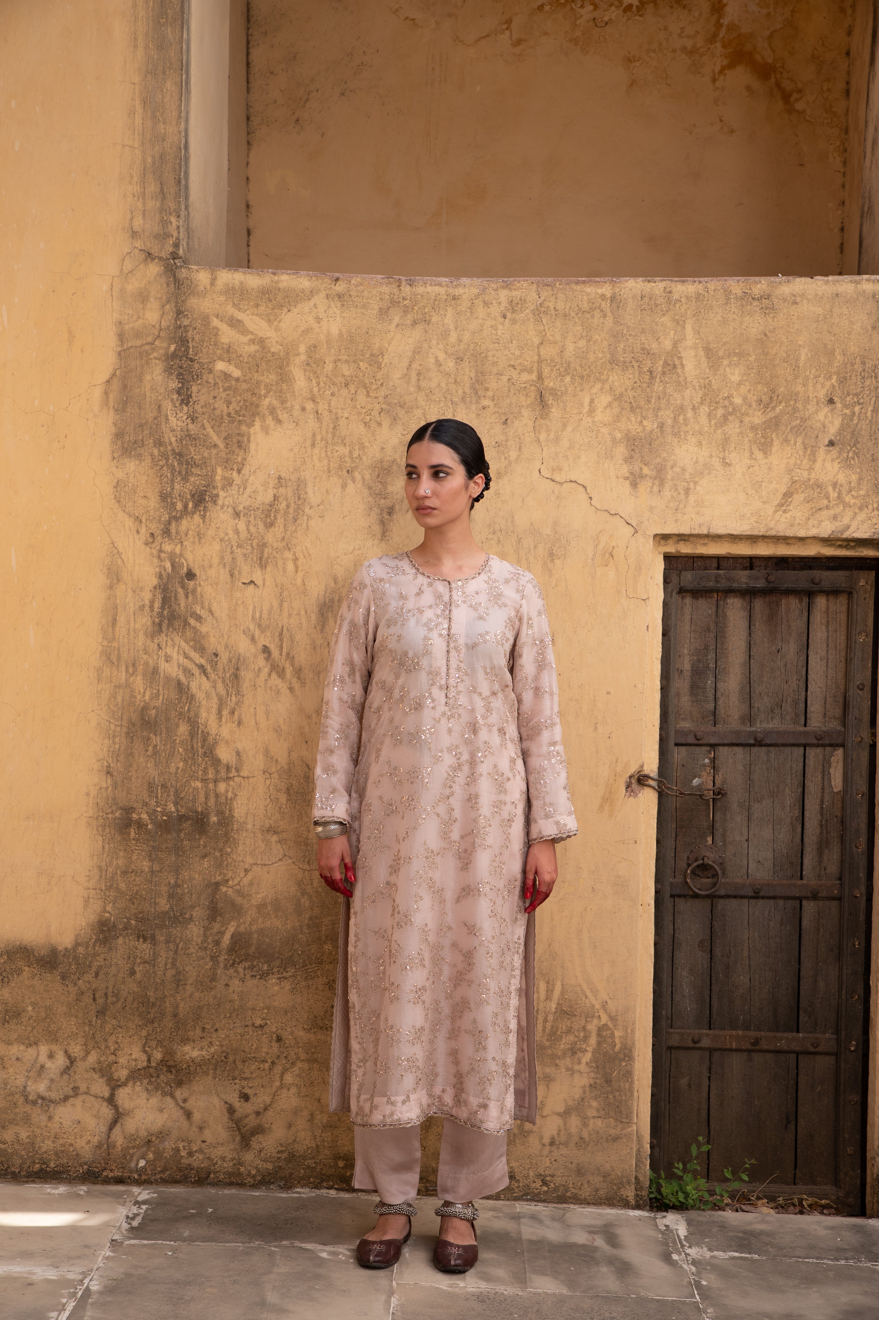 Pastel-Pink Hand-Embroidered Pure Silk-Organza Kurta-Pants Set