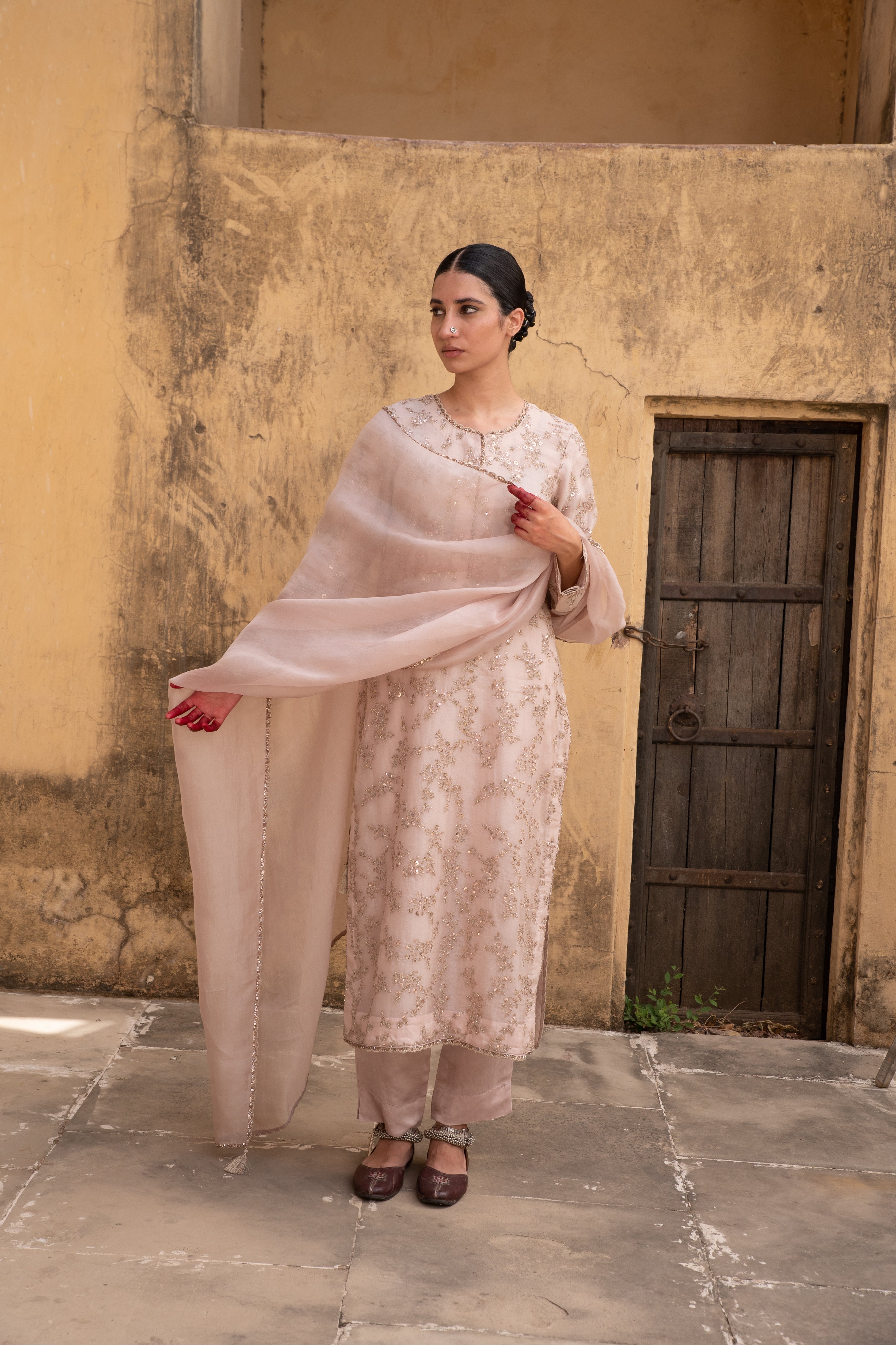Pastel-Pink Hand-Embroidered Pure Silk-Organza Kurta-Pants Set