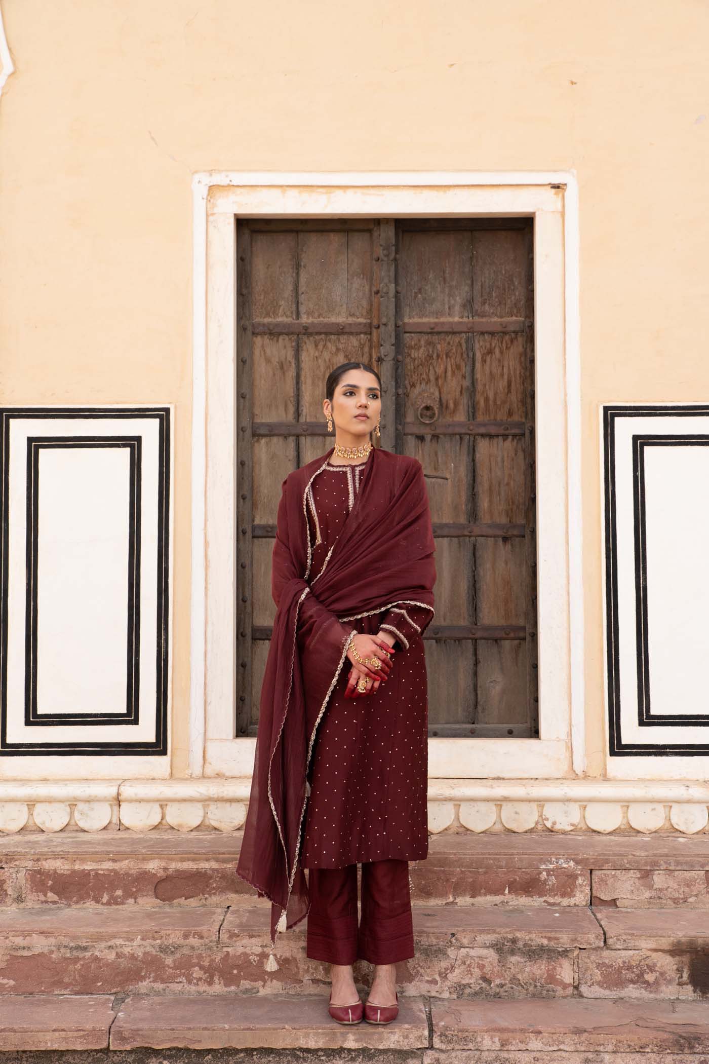 Dark-Maroon Hand-Embroidered Pure Silk-Cotton Kurta-Pants Set