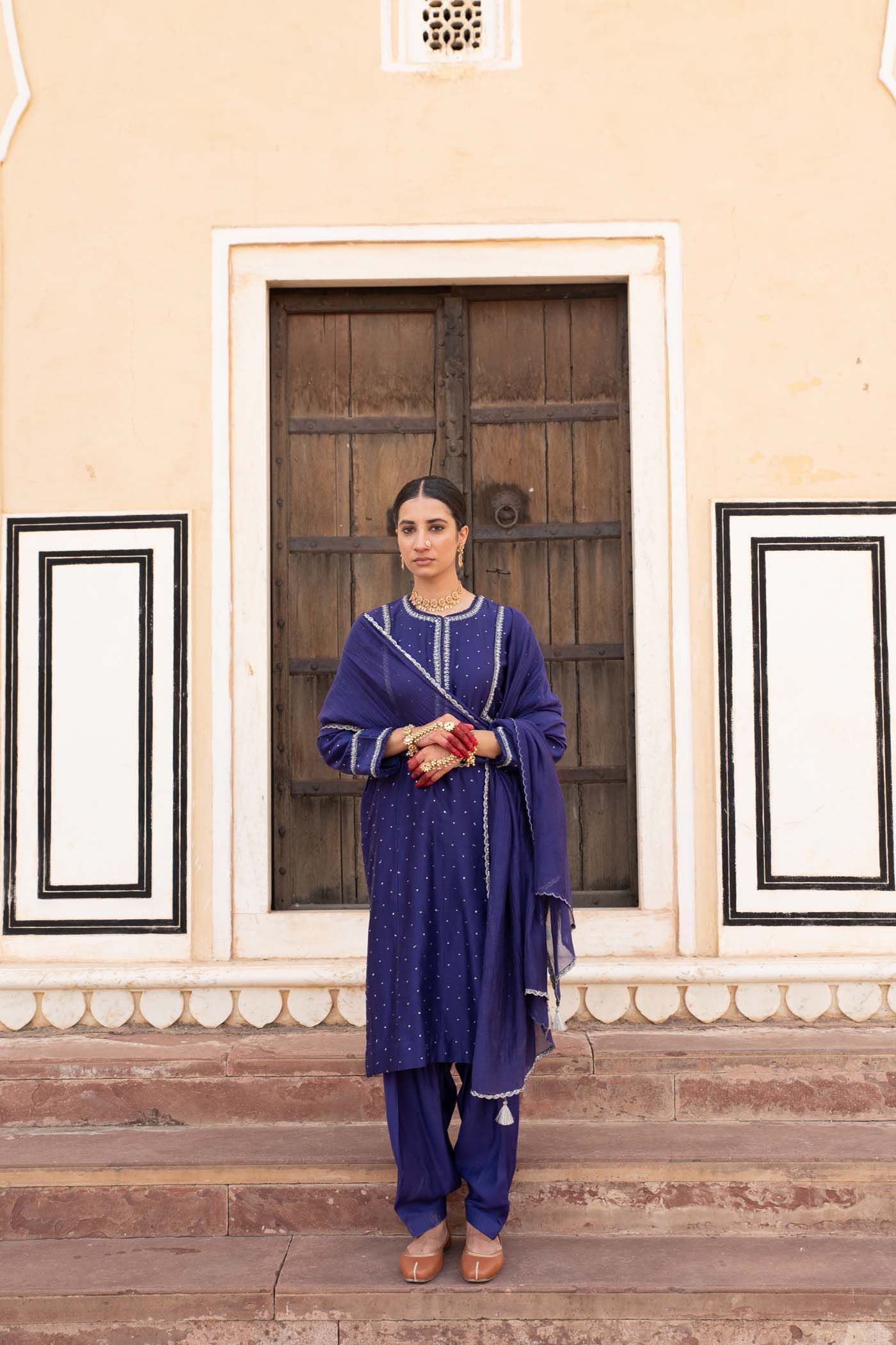 Royal-Blue Hand-Embroidered Pure Silk-Cotton Kurta-Pants Set
