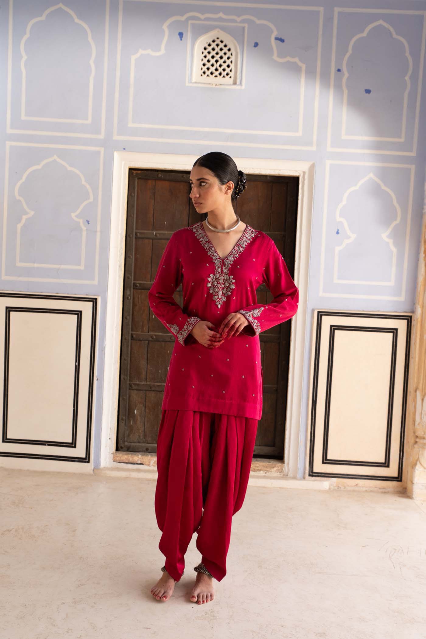 Rani-Pink Hand-Embroidered Handloom Pure Mashru-Silk (Katan Silk & Cotton) Short-Kurta-Salwar Set