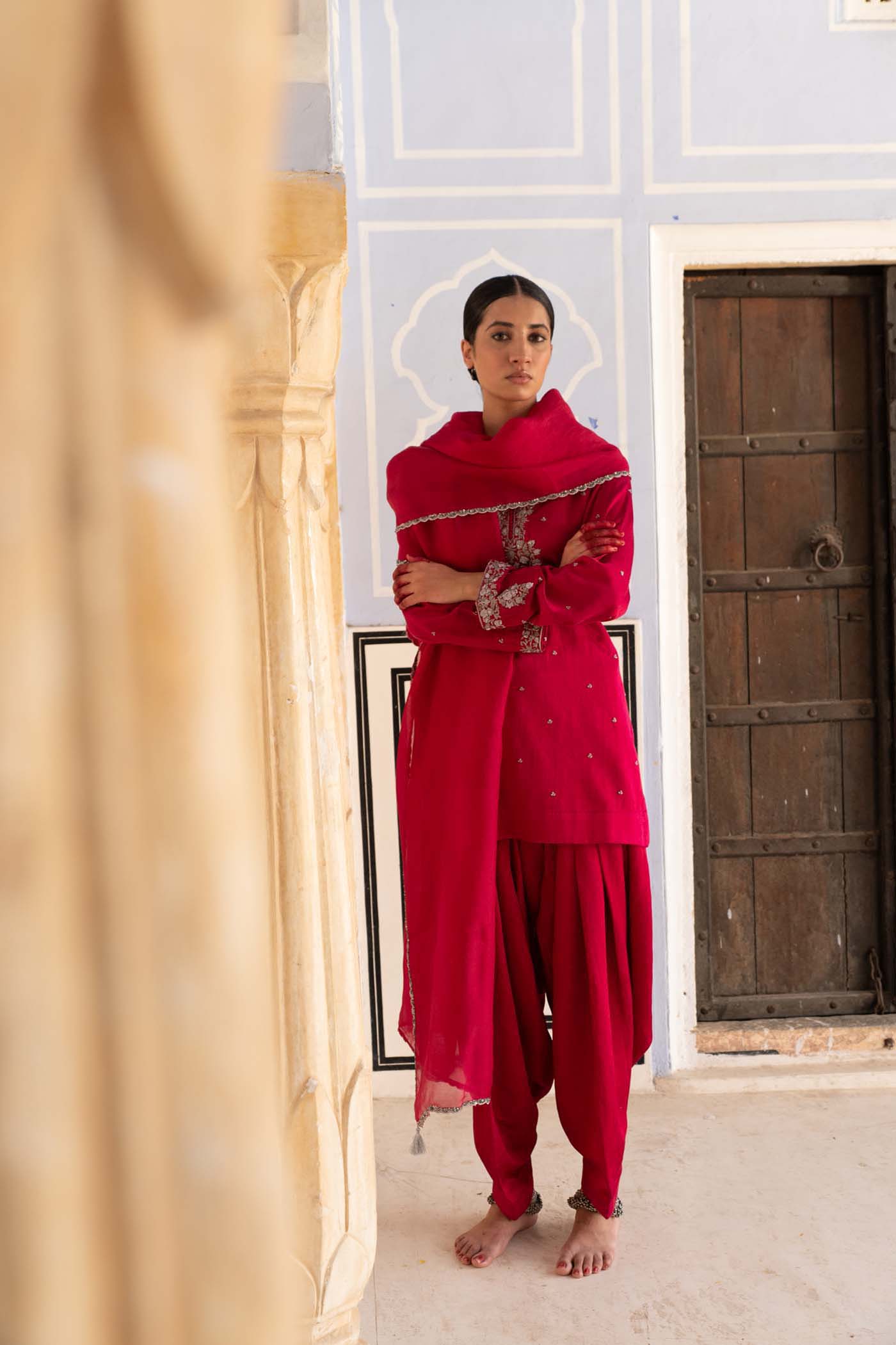 Rani-Pink Hand-Embroidered Handloom Pure Mashru-Silk (Katan Silk & Cotton) Short-Kurta-Salwar Set