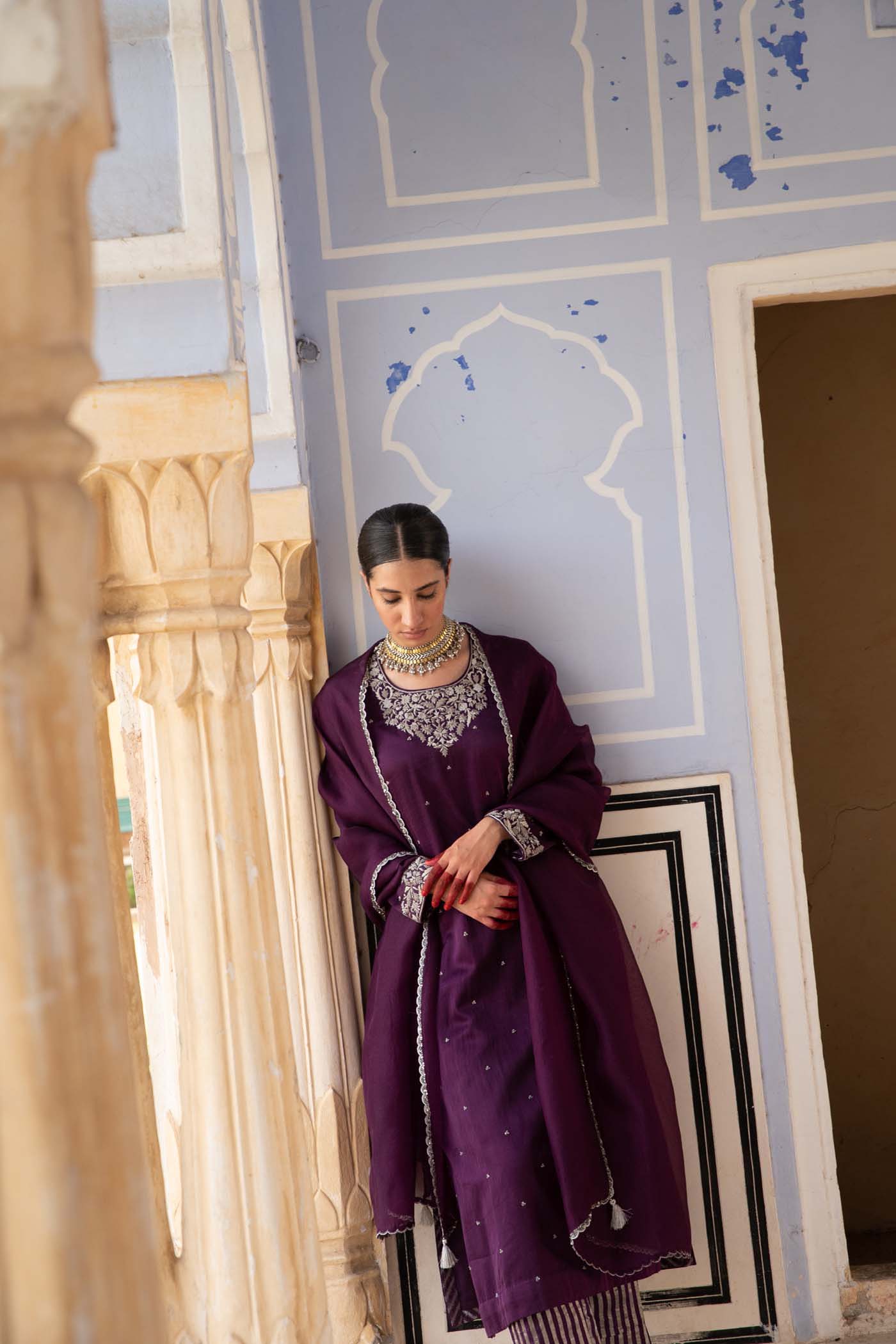 Aubergine Hand-Embroidered Handloom Pure Mashru-Silk (Katan Silk & Cotton) Kurta-Pants Set