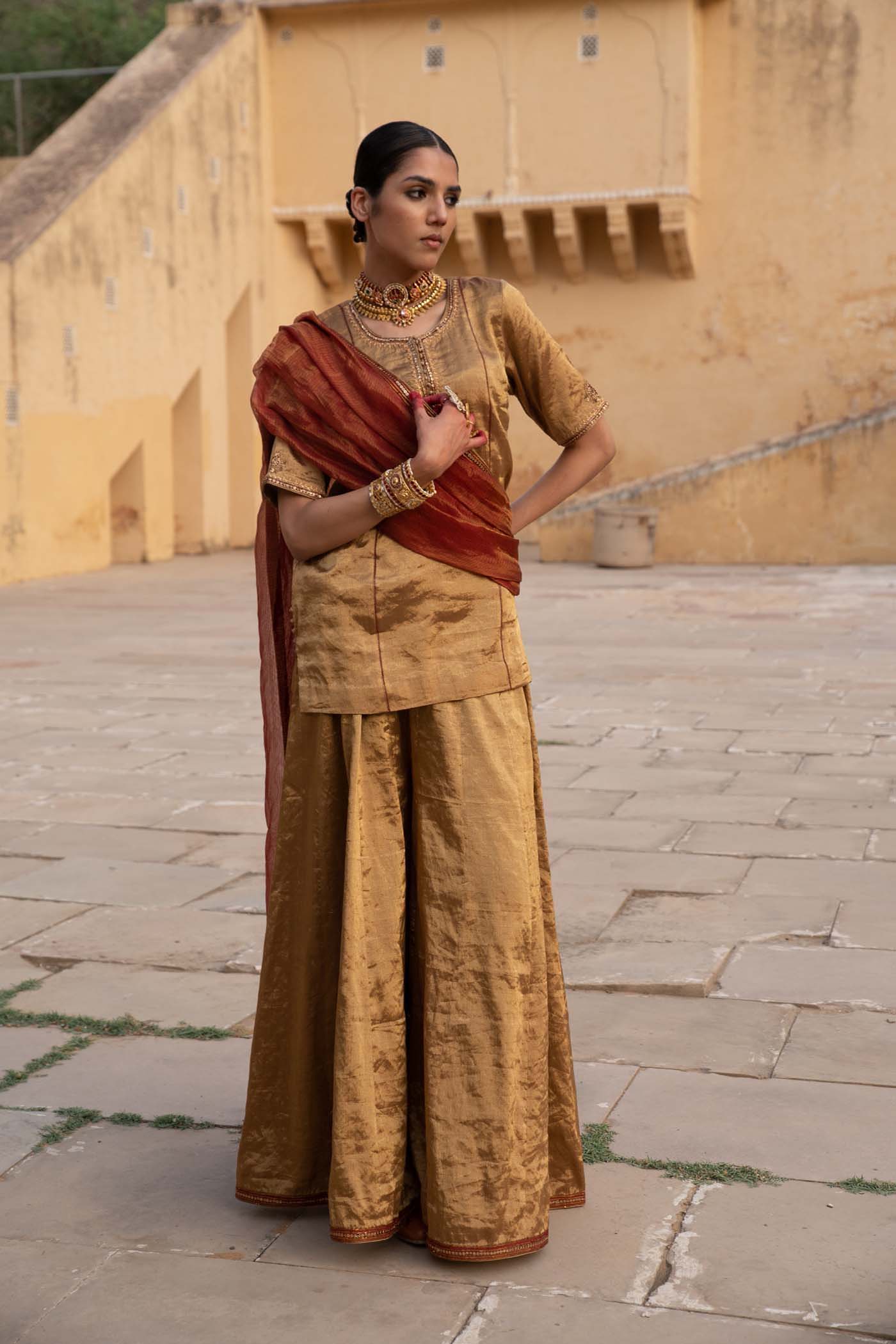 Gold Handloom Pure Metallic-Silk (Gold Tissue) Hand-Embroidered Short-Kurta-Sharara Set With Maroon Pure Kota-Silk Dupatta