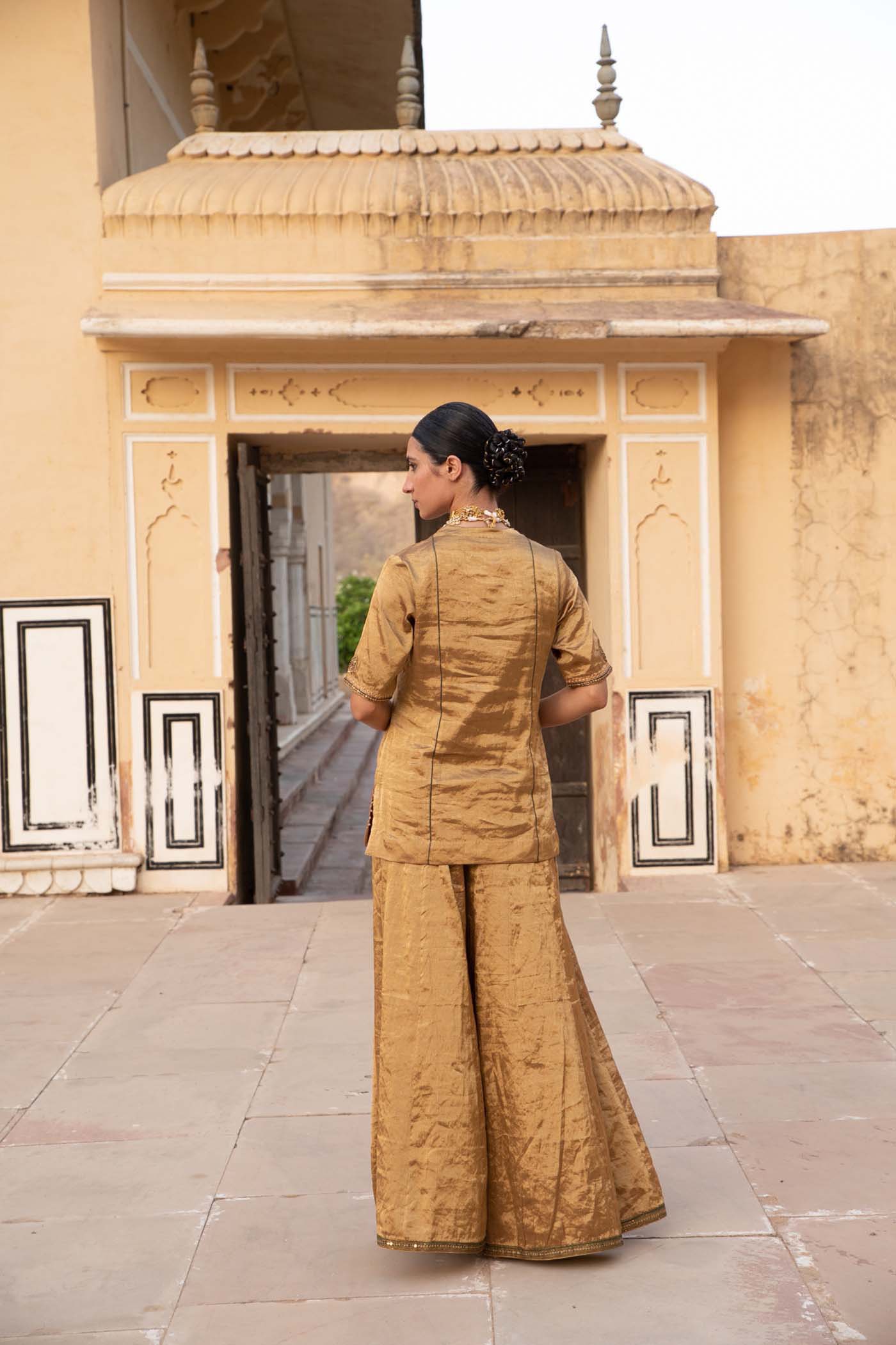 Gold Handloom Pure Metallic-Silk (Gold Tissue) Hand-Embroidered Short-Kurta-Sharara Set With Bottle-Green Pure Kota-Silk Dupatta