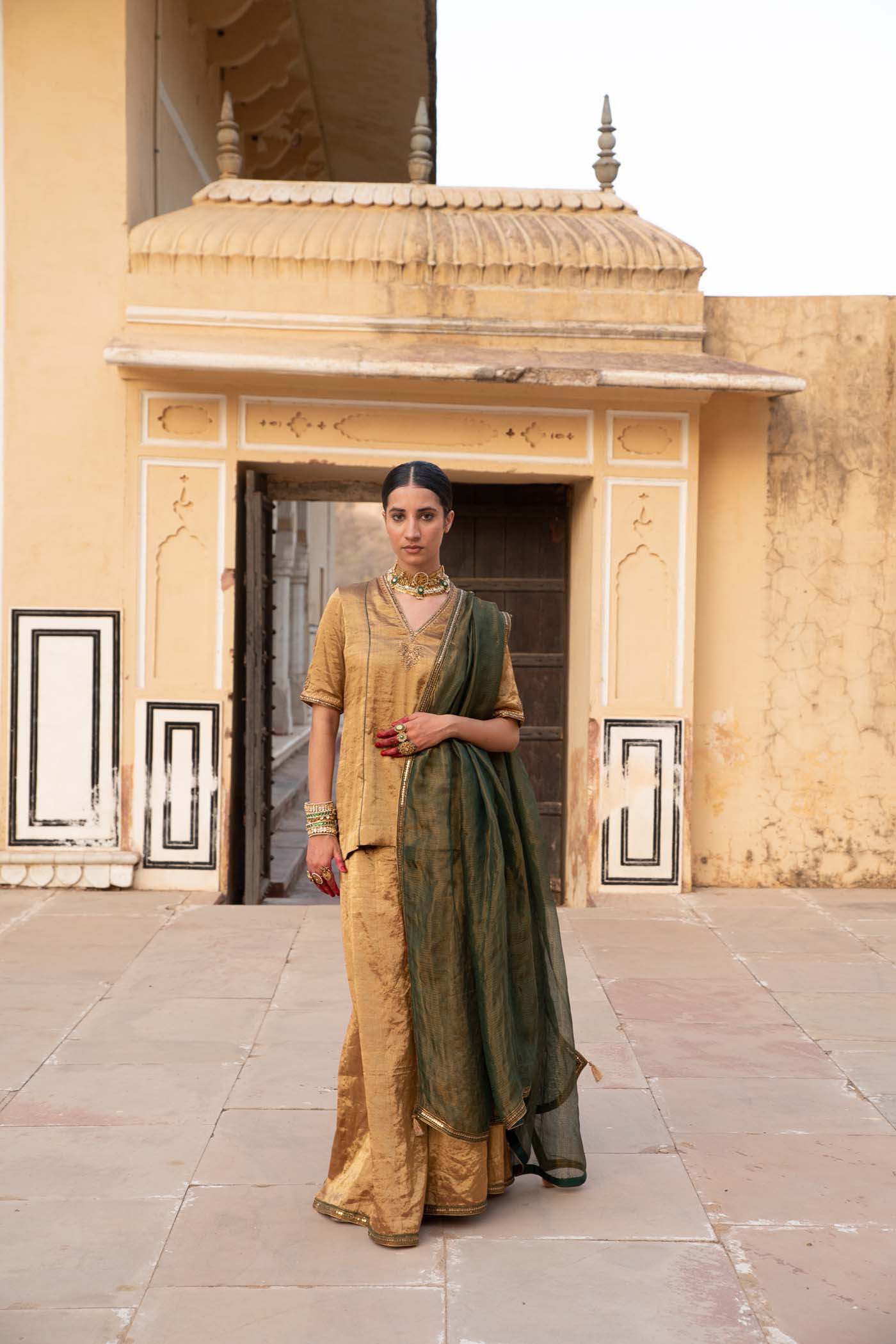 Gold Handloom Pure Metallic-Silk (Gold Tissue) Hand-Embroidered Short-Kurta-Sharara Set With Bottle-Green Pure Kota-Silk Dupatta