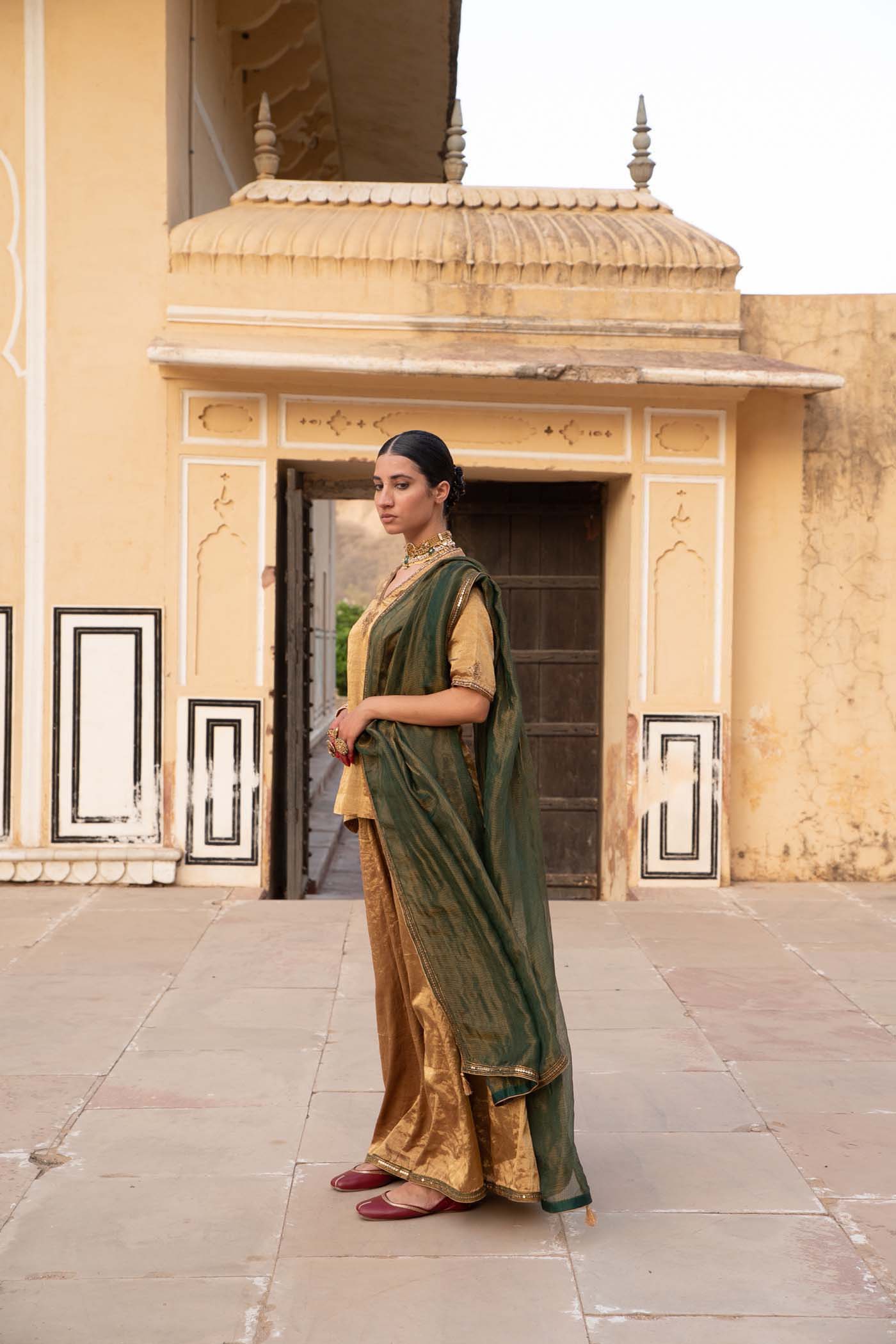 Gold Handloom Pure Metallic-Silk (Gold Tissue) Hand-Embroidered Short-Kurta-Sharara Set With Bottle-Green Pure Kota-Silk Dupatta