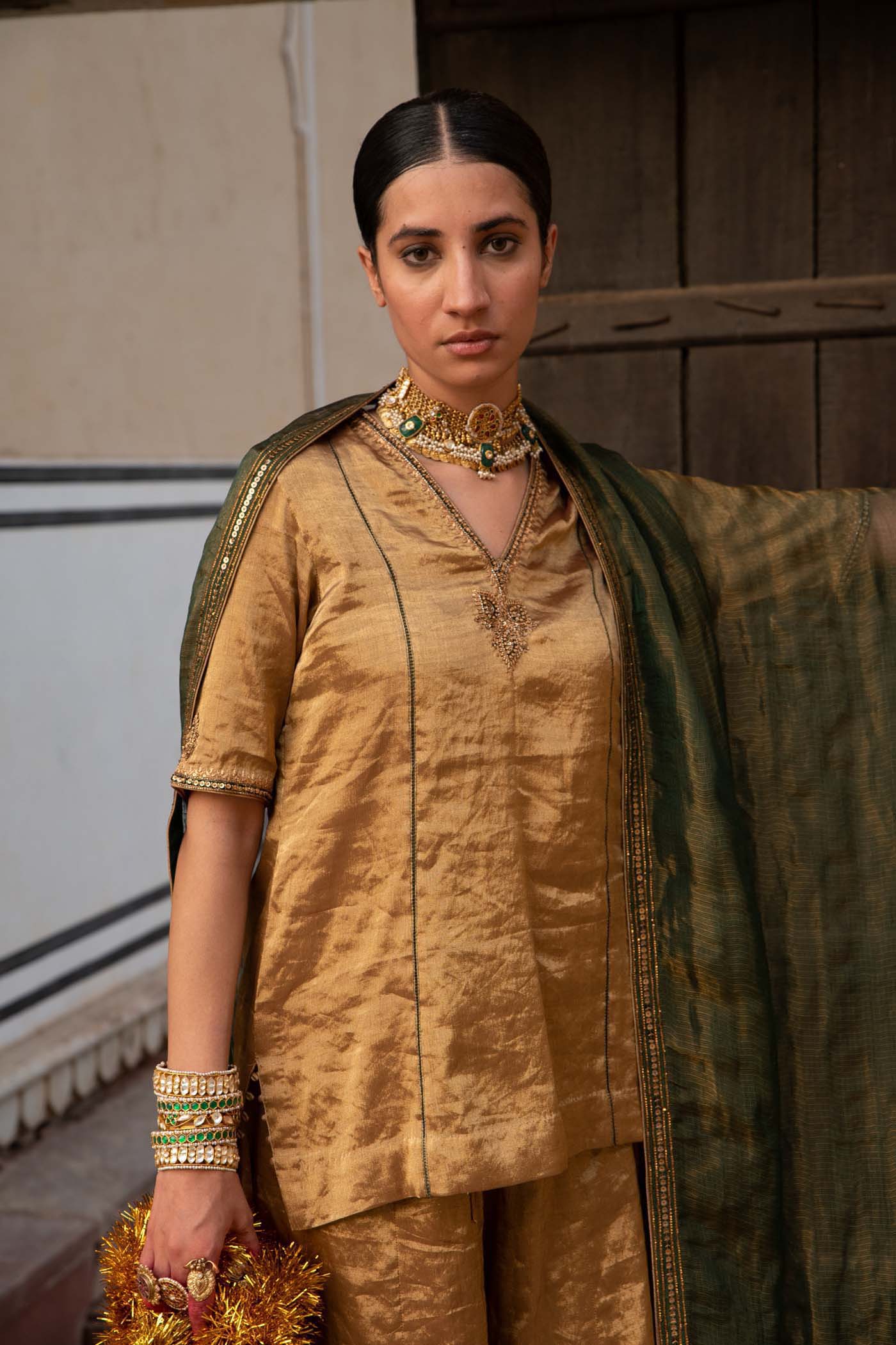 Gold Handloom Pure Metallic-Silk (Gold Tissue) Hand-Embroidered Short-Kurta-Sharara Set With Bottle-Green Pure Kota-Silk Dupatta