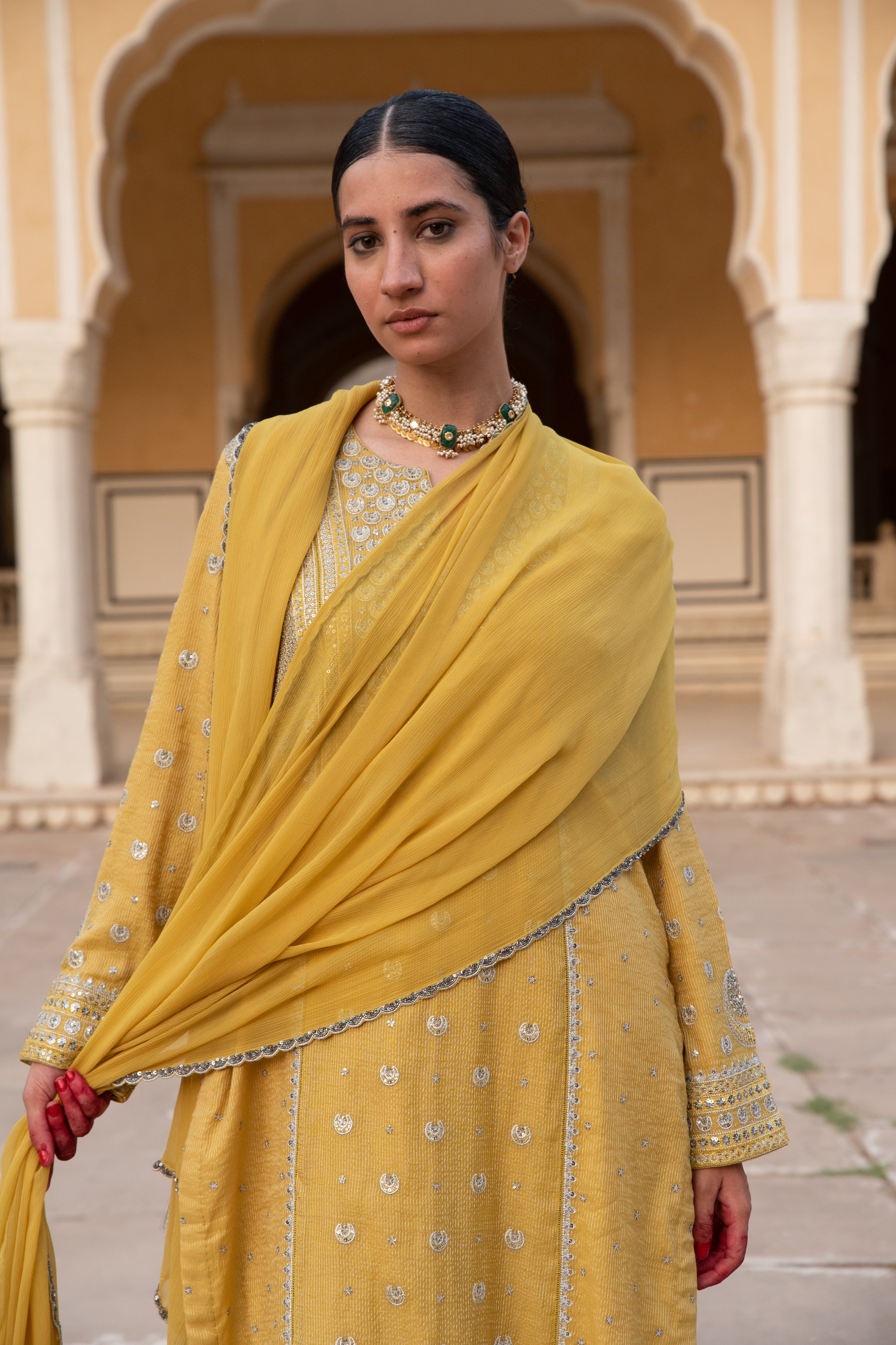 Lime-Yellow Embroidered (Chaand-Buta) Pure Handloom Silk-Cotton (Stripes & Checks) Kurta-Pants Set