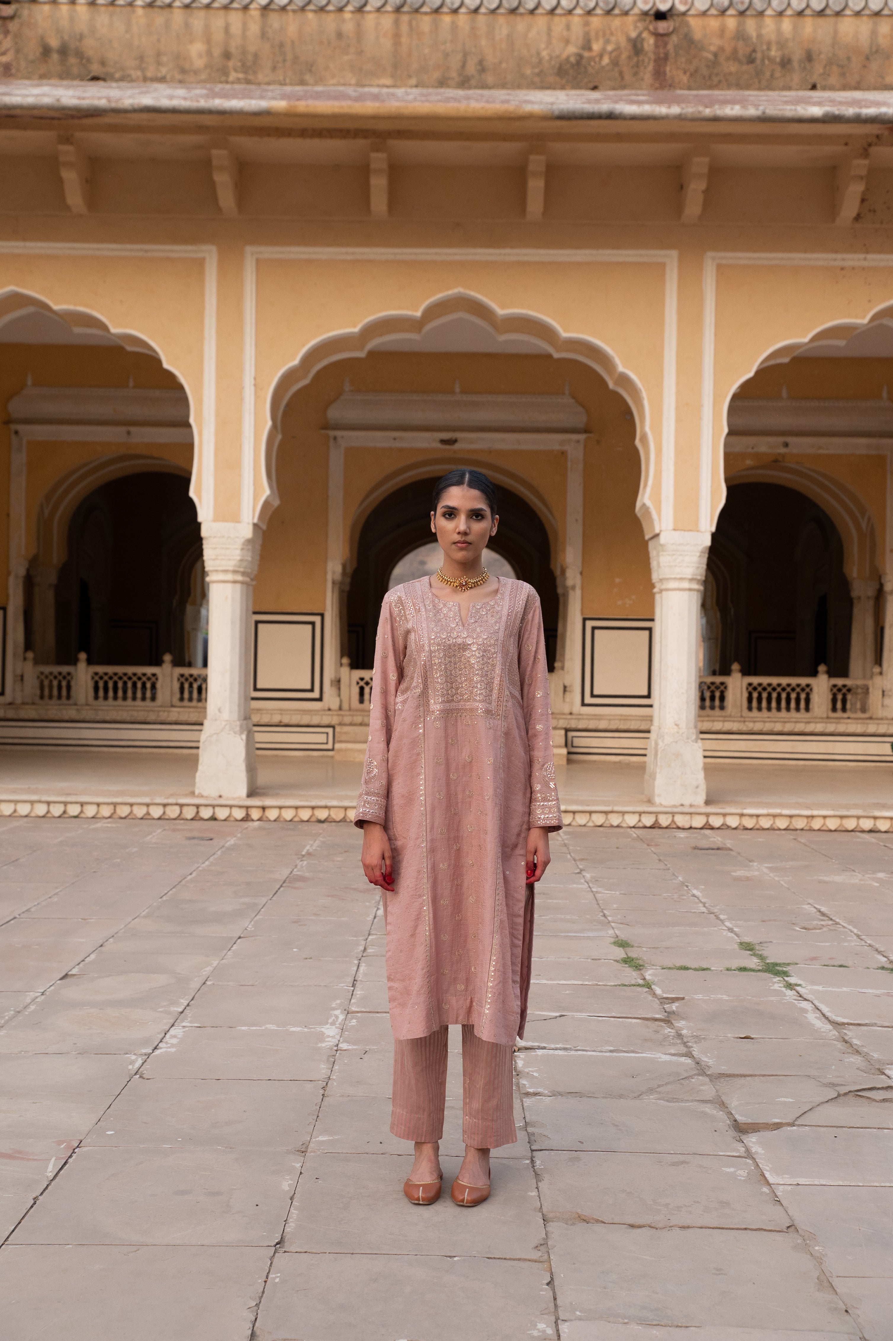 Dusty-Pink Embroidered (Chaand-Buta) Pure Handloom Silk-Cotton (Stripes & Checks) Kurta-Pants Set