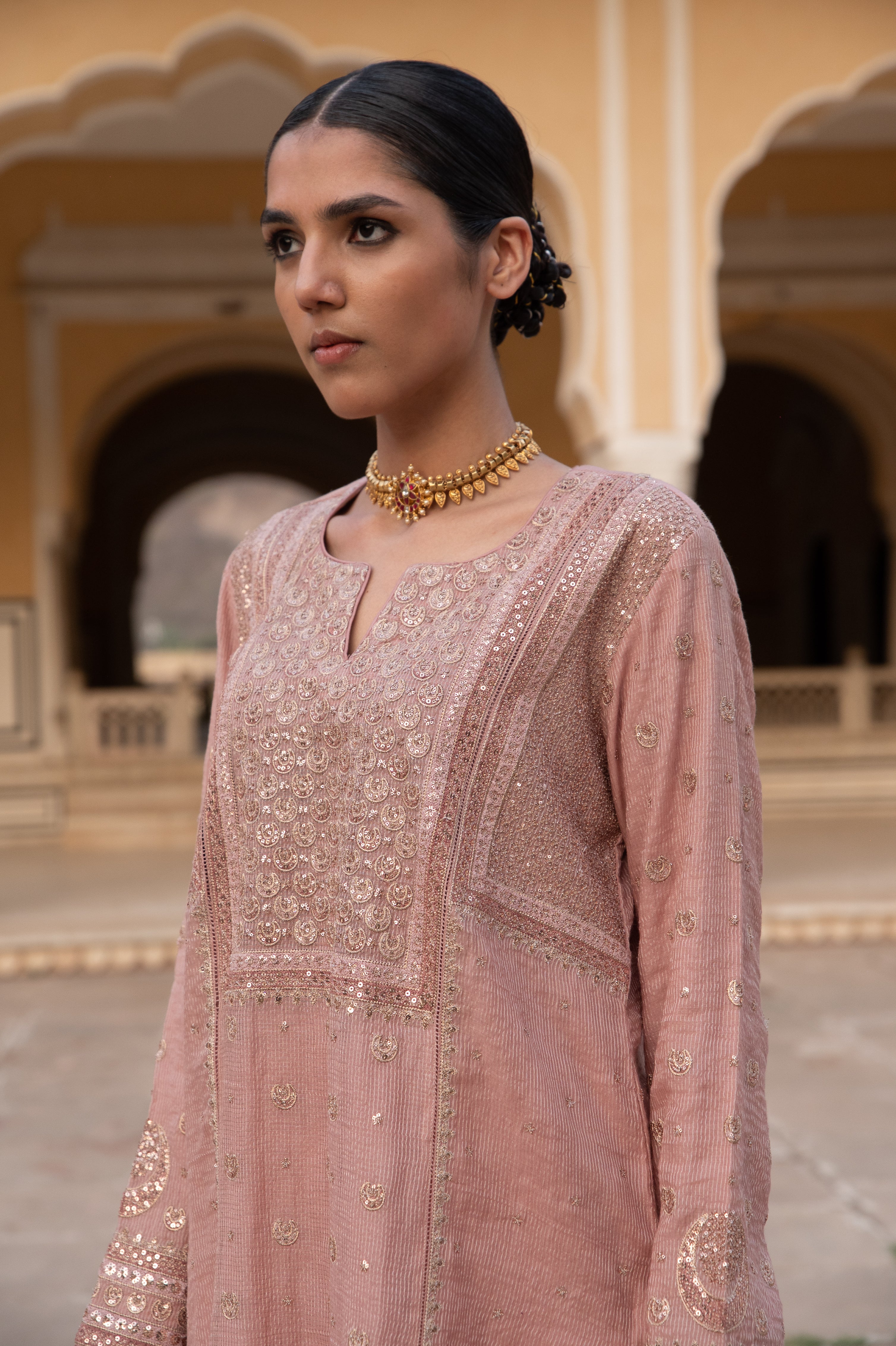 Dusty-Pink Embroidered (Chaand-Buta) Pure Handloom Silk-Cotton (Stripes & Checks) Kurta-Pants Set