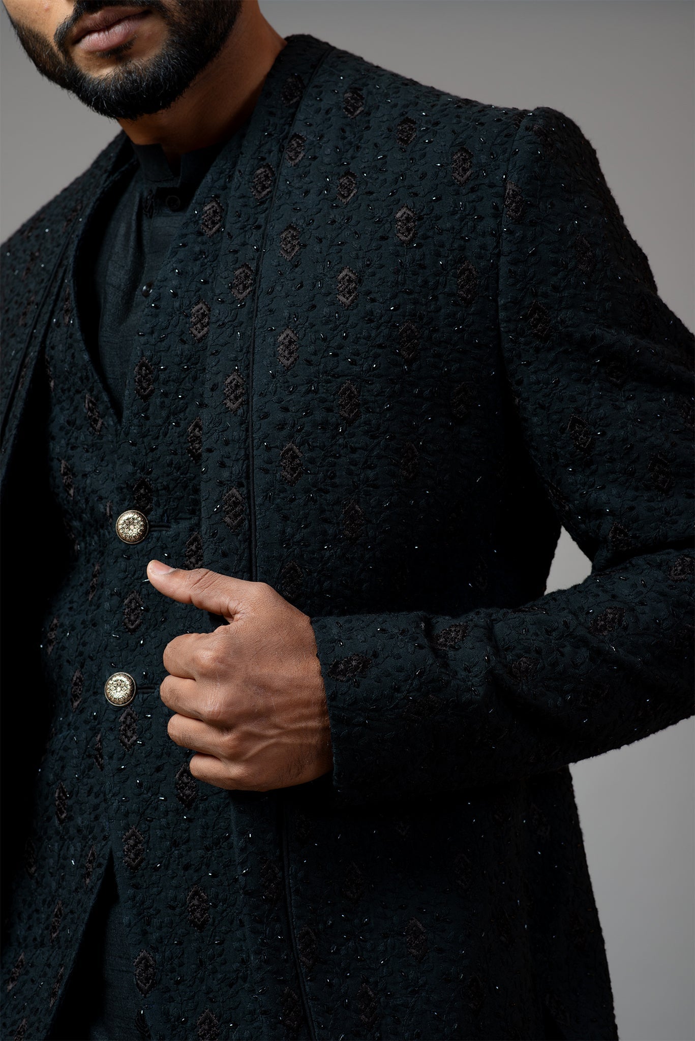 Double Panel Achkan With Motif Embroidery With Kurta Set