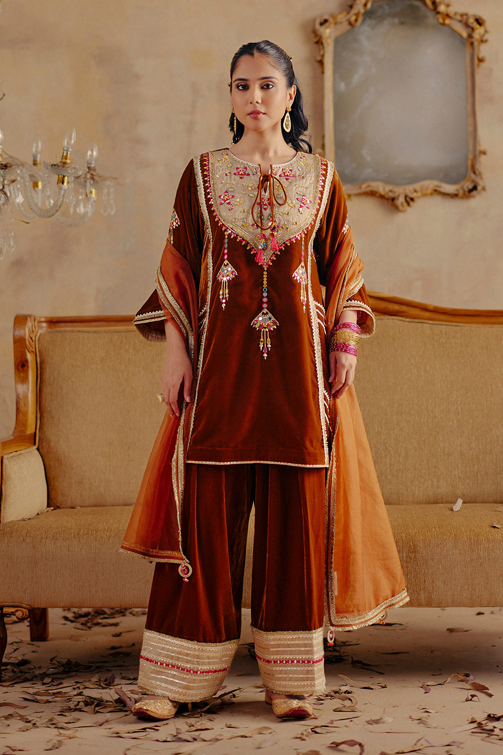Afsana Olive Bronze Velvet Kurti with Farshi Salwar & Organza Dupatta