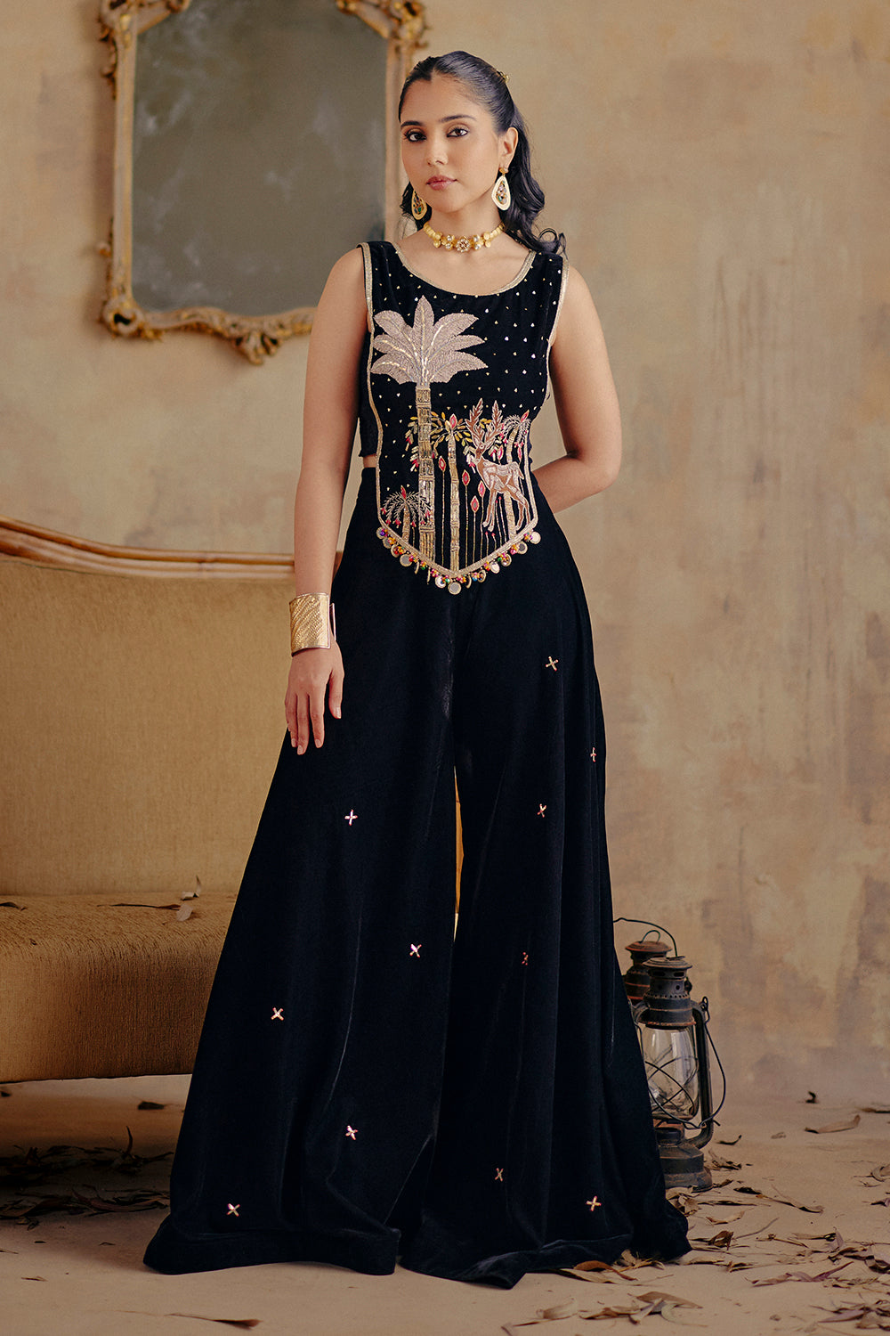 Black Velvet Sharara Set with Hand-Embroidered Forest Motif - Chandni